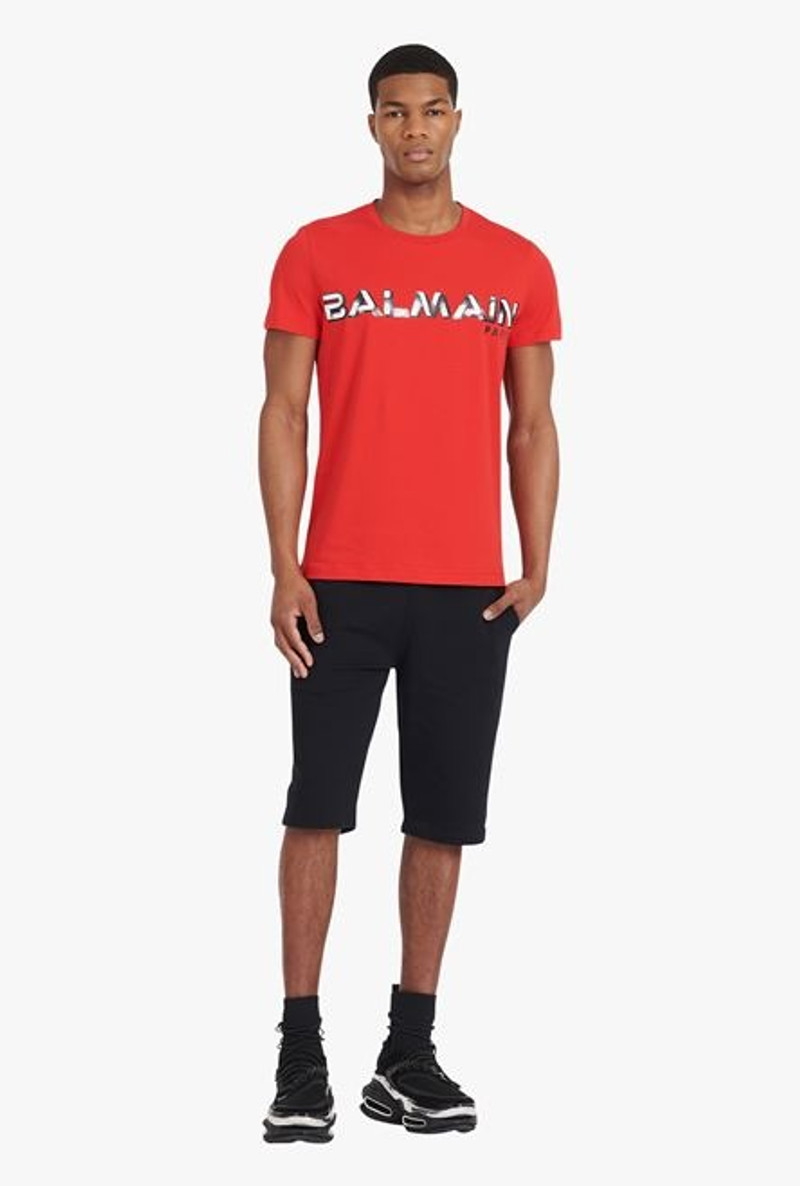 Balmain Black cotton shorts with white Balmain Paris logo print outlook