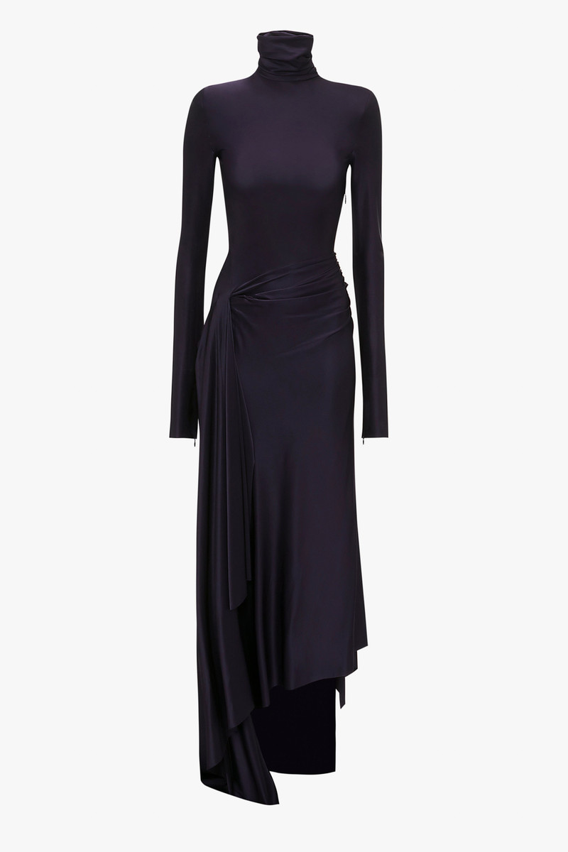 Long Sleeve High Neck Jersey Dress In Blackberry - 1