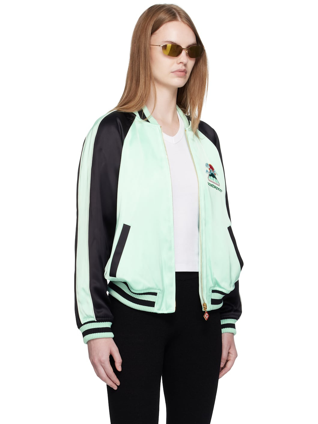Green & Black Embroidered Satin Bomber Jacket - 2