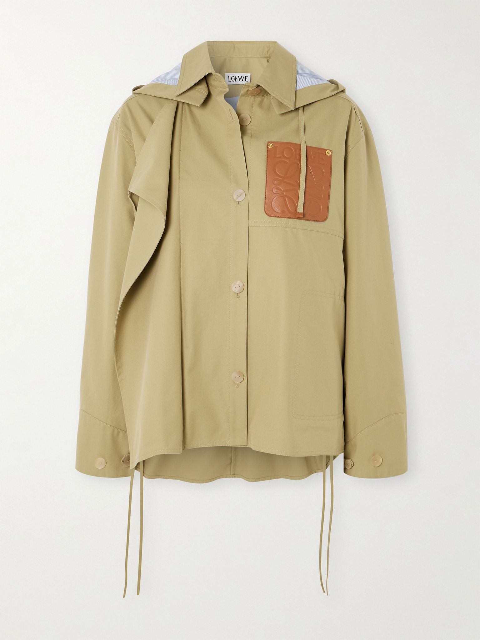 Anagram hooded cutout leather and poplin-trimmed cotton-gabardine jacket Tan - 1