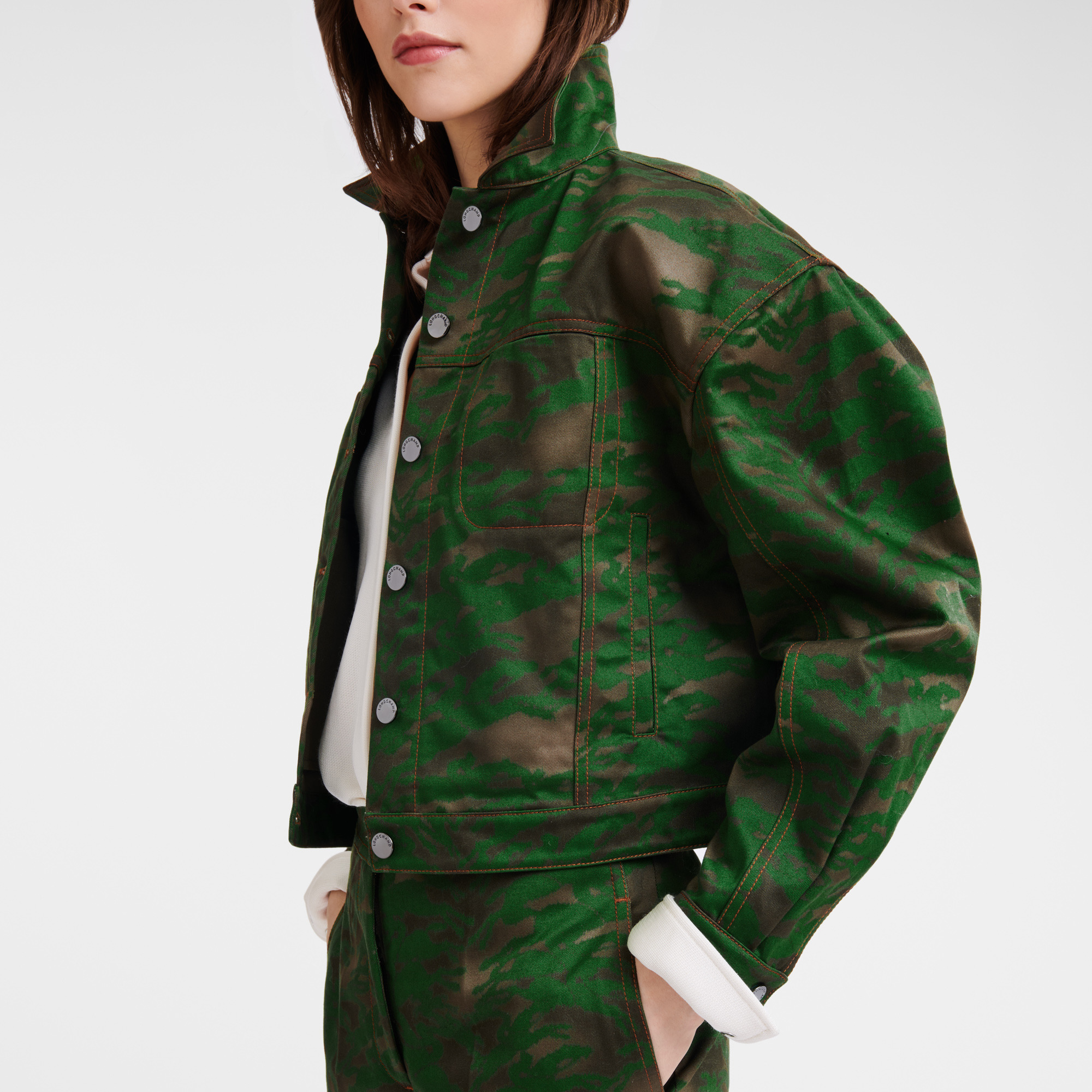 Topstitching short jacket Khaki - Cotton gabardine - 5