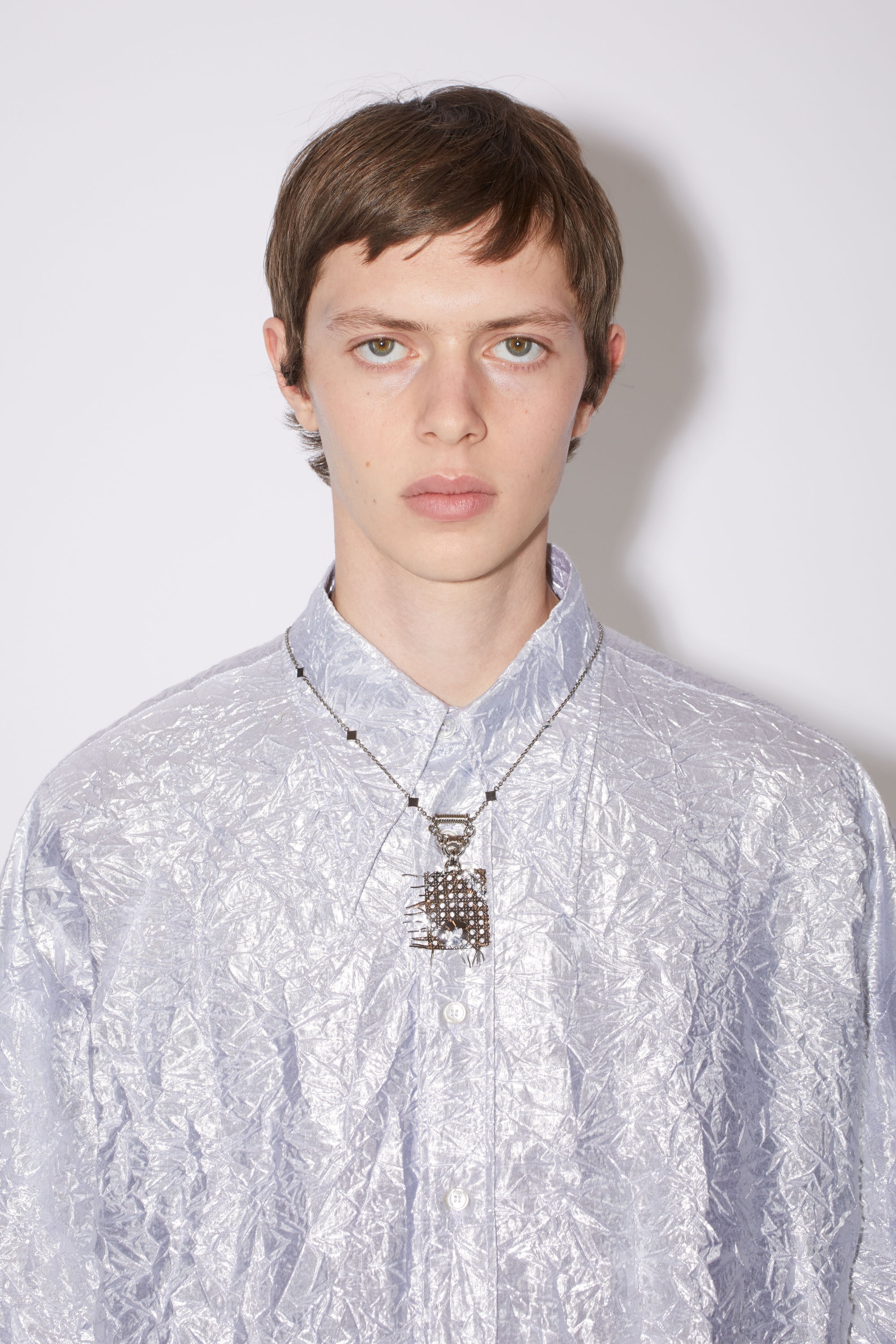 Crinkled lurex button-up shirt - Silver - 5