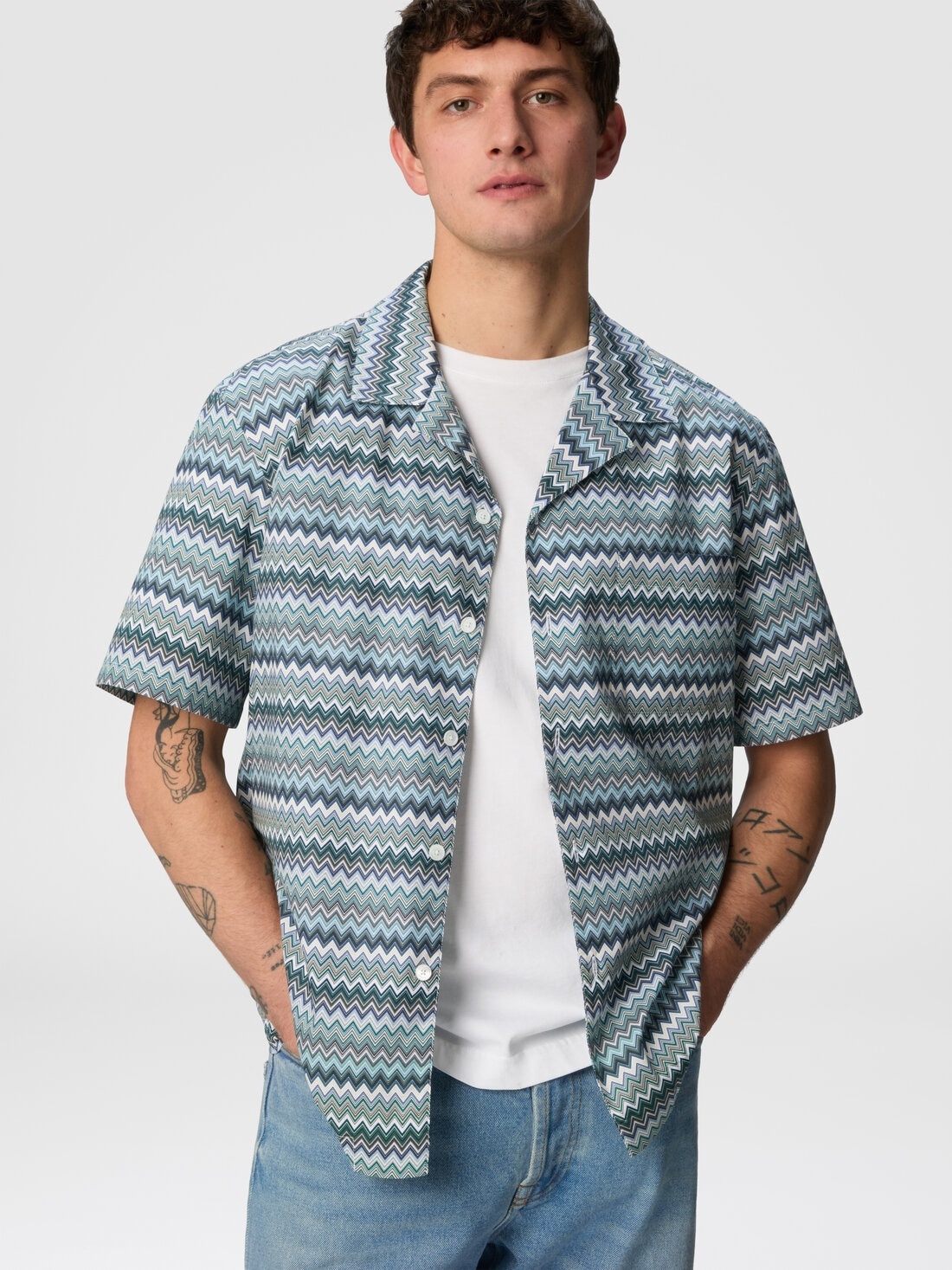 Zig zag cotton poplin bowling shirt with breast pocket - 4