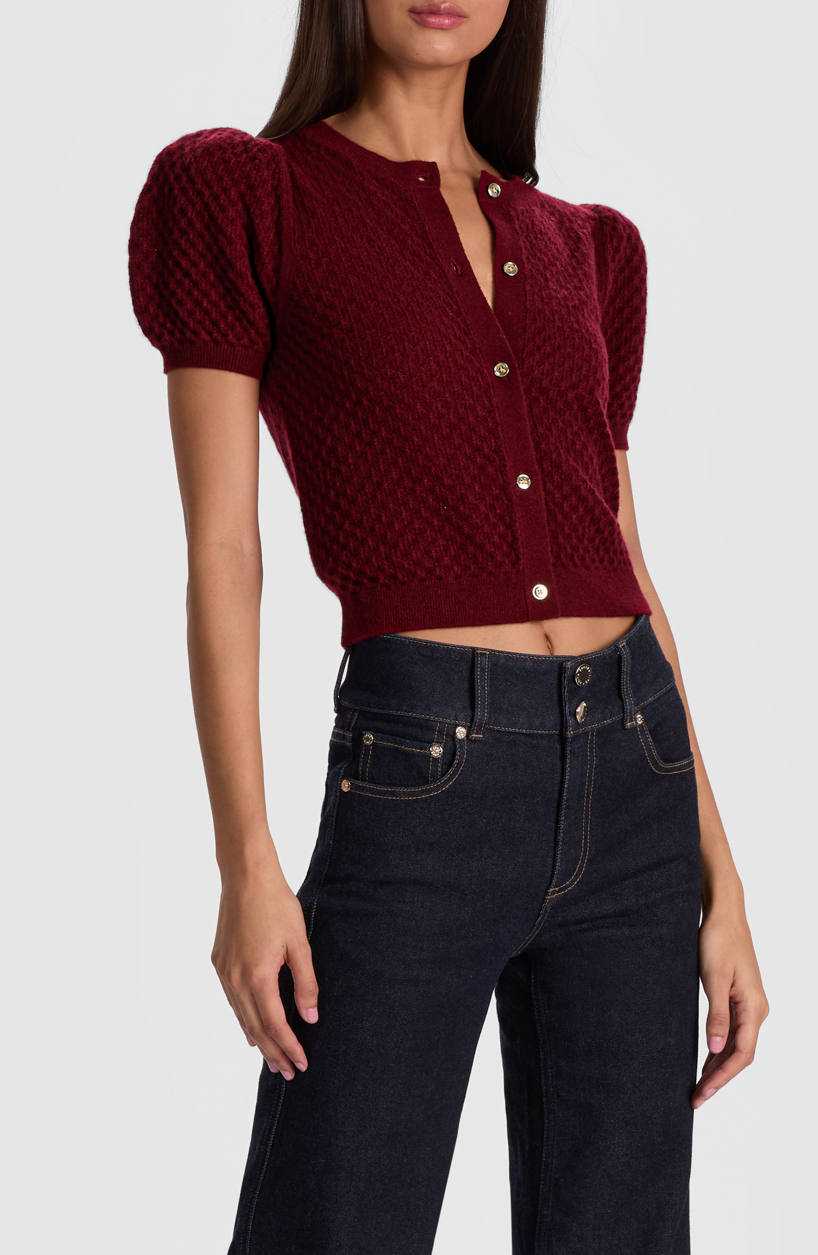 Alice + Olivia Sabine Puff Sleeve Crop Cashmere Blend Sweater in Oxblood at Nordstrom - 3