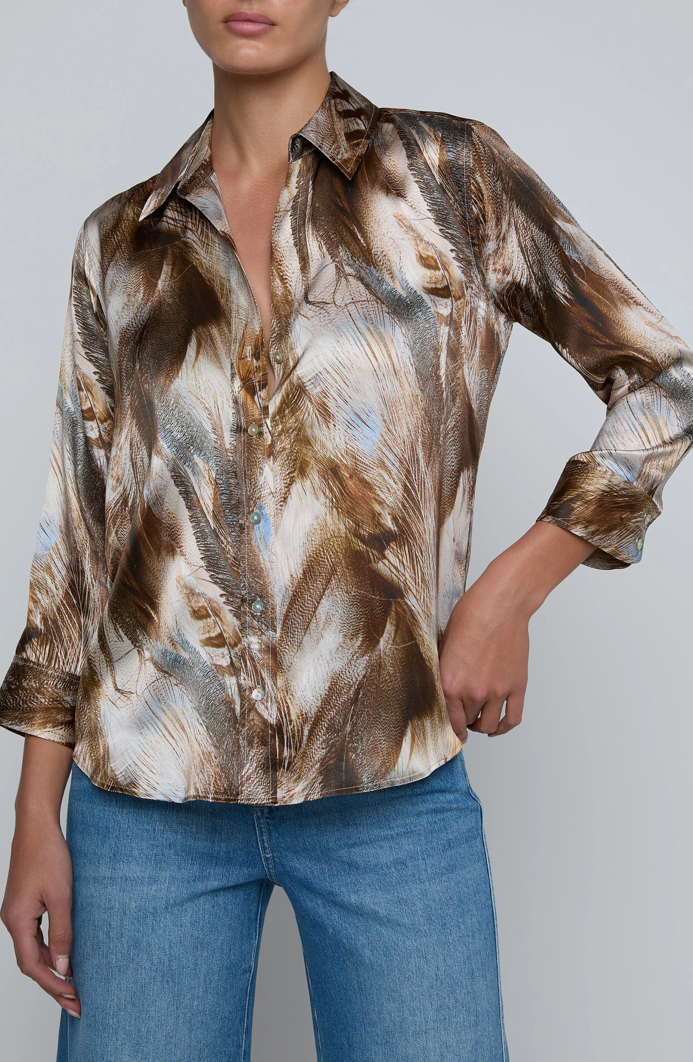L'AGENCE Dani Feather Print Three-Quarter Sleeve Silk Button-Up Shirt in Neutral/Brown Mix Feather a - 1
