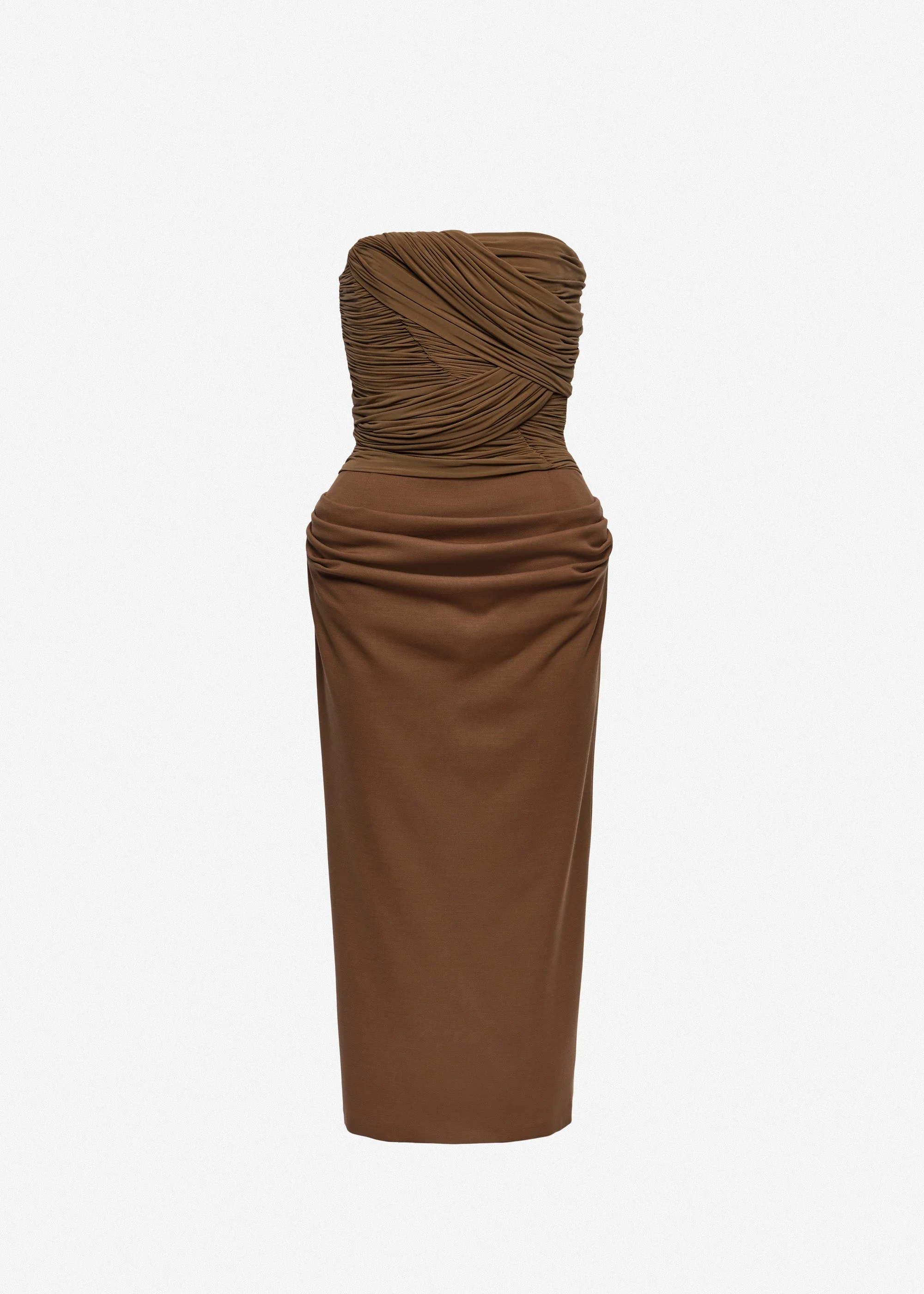 Strapless cupro and wool draped corset dress in brown - 1