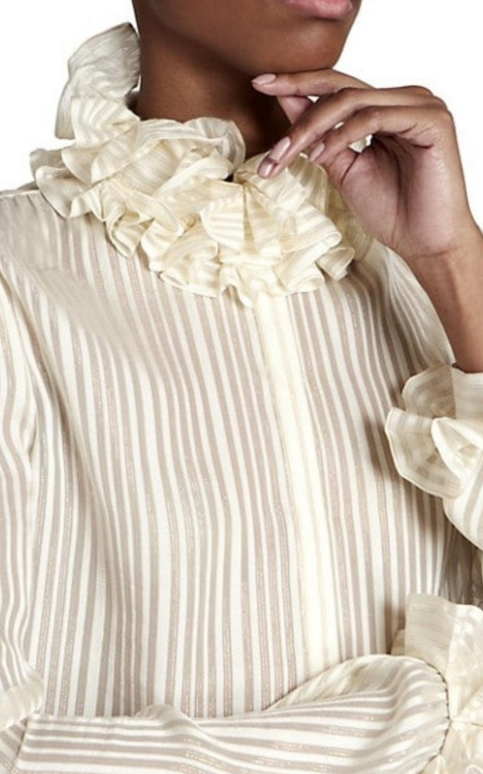 Ivory Ruffle-collar Striped Silk Shirt - 6