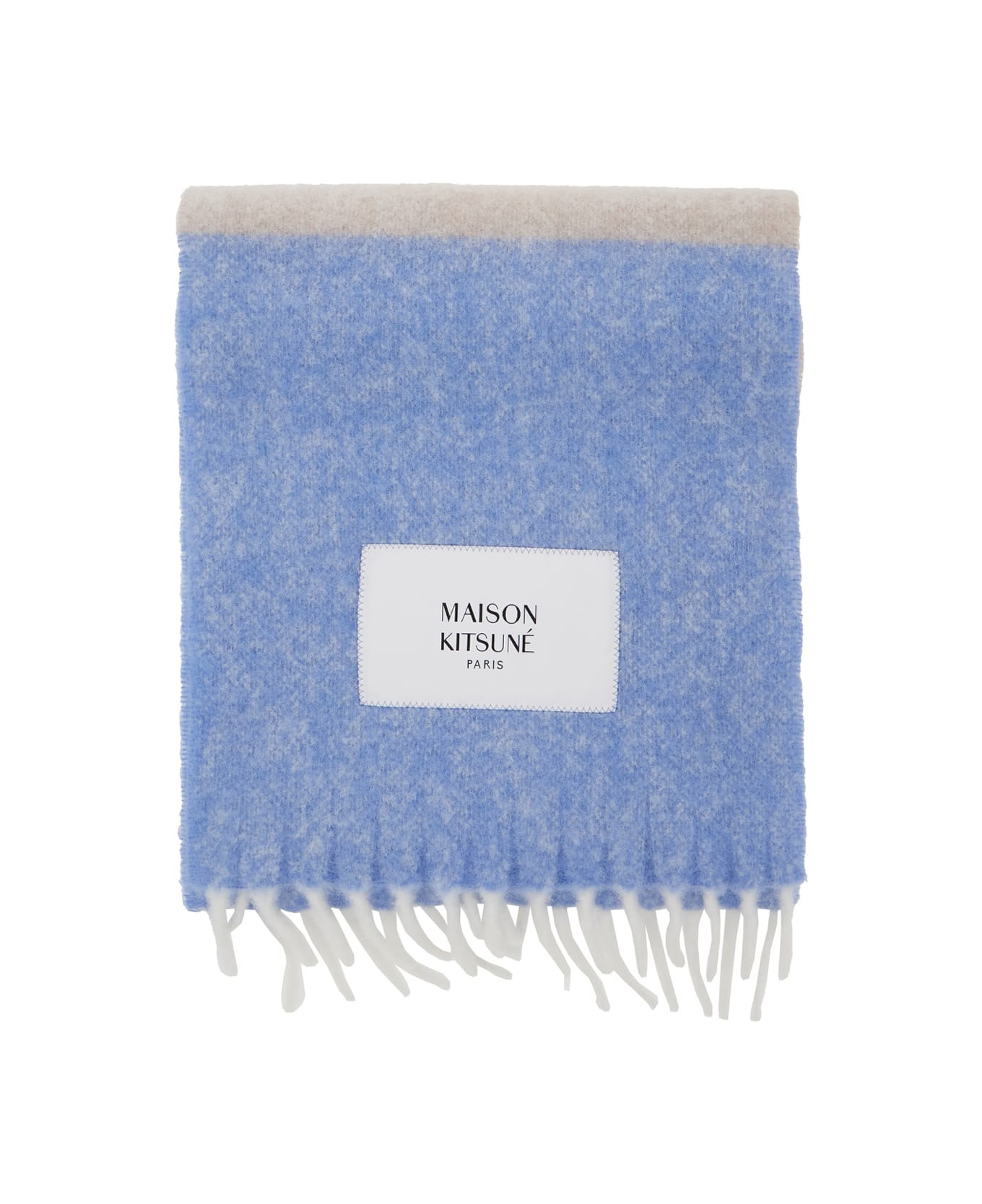 Blue Scarf With Logo Patch On The Front And Fringed Hem In Wool Man - 1