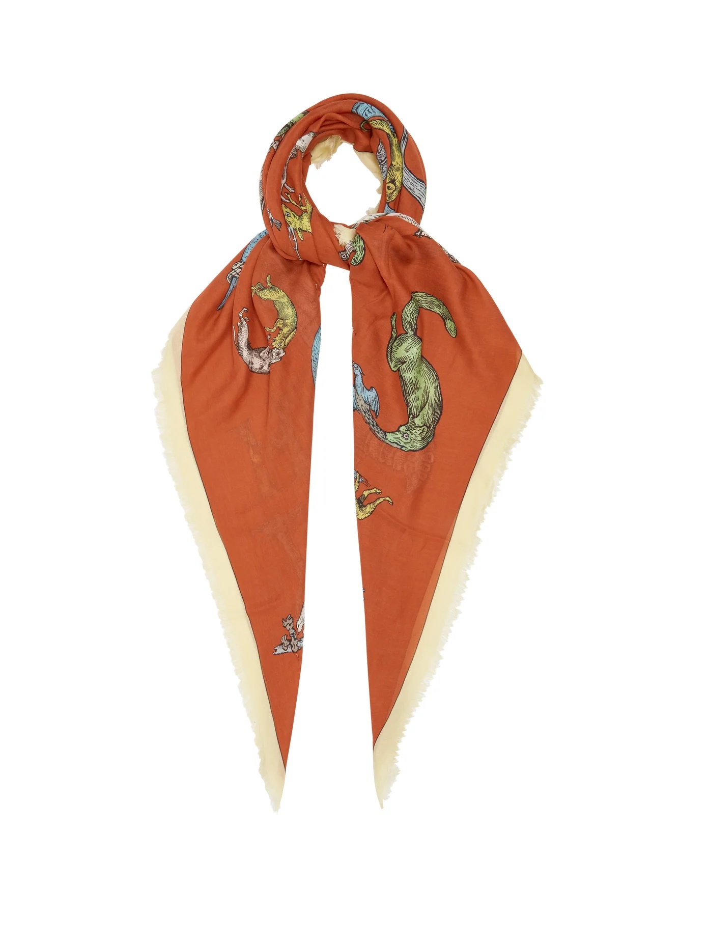 Frayed-edge animal alphabet-print twill scarf - 1