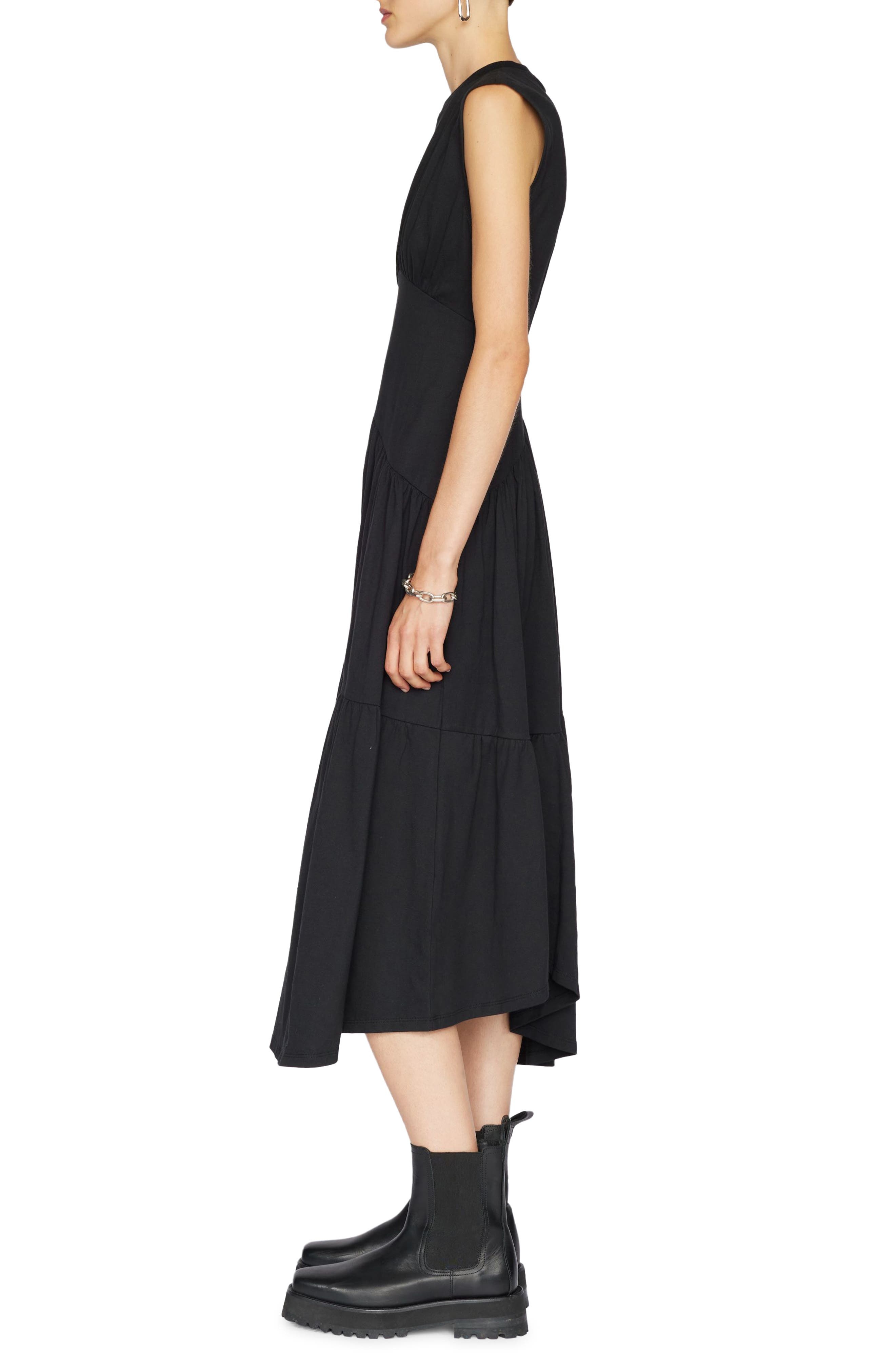 FRAME Gathered Seam Organic Cotton A-Line Midi Dress in Noir at Nordstrom - 3