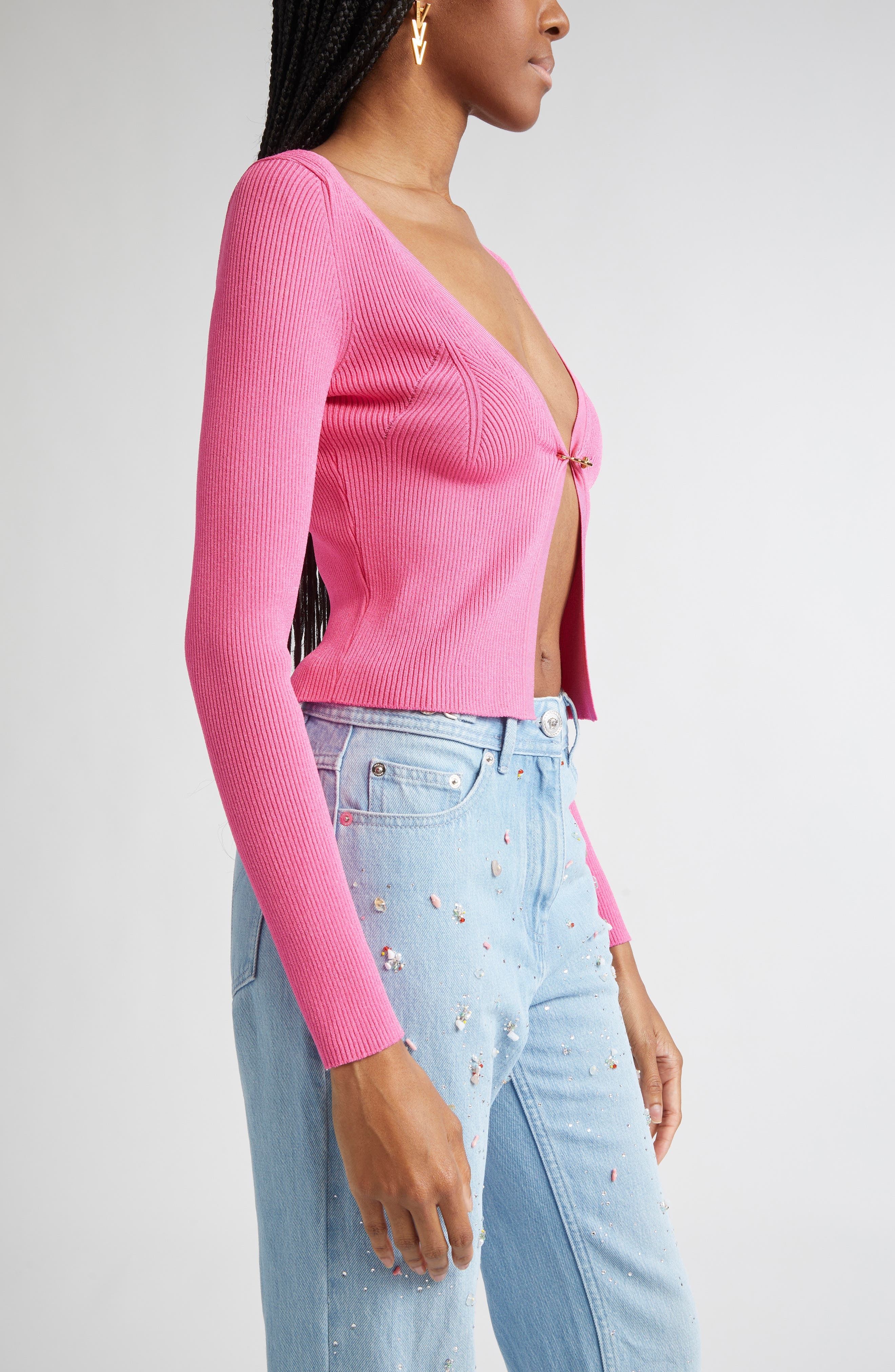 Versace Safety Pin Rib Cardigan in Dragon Fruit at Nordstrom - 4