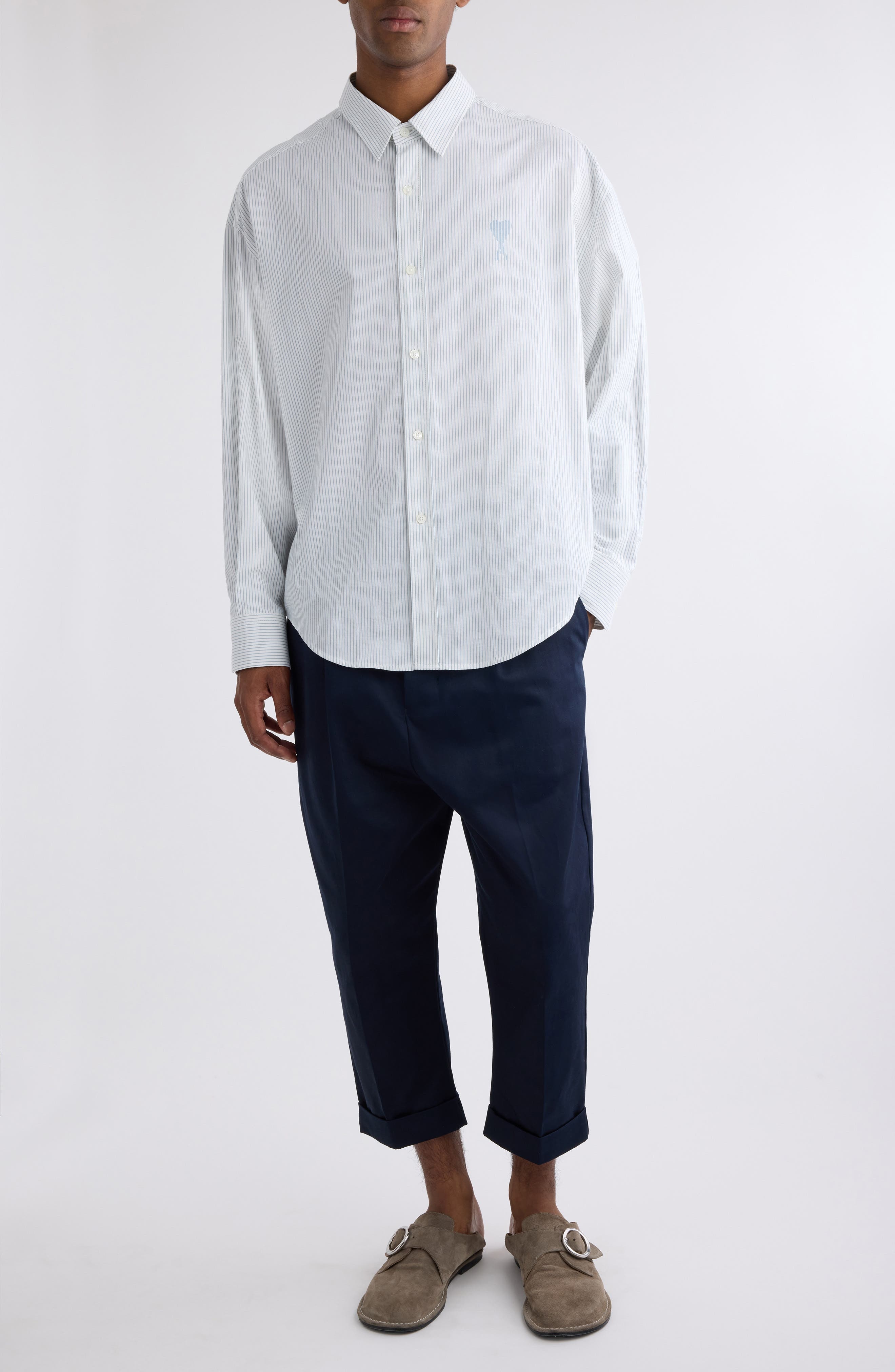 AMI PARIS Boxy Fit Ami de Coeur Stripe Cotton Poplin Button-Up Shirt in 1041 White/blue Note at Nord - 2