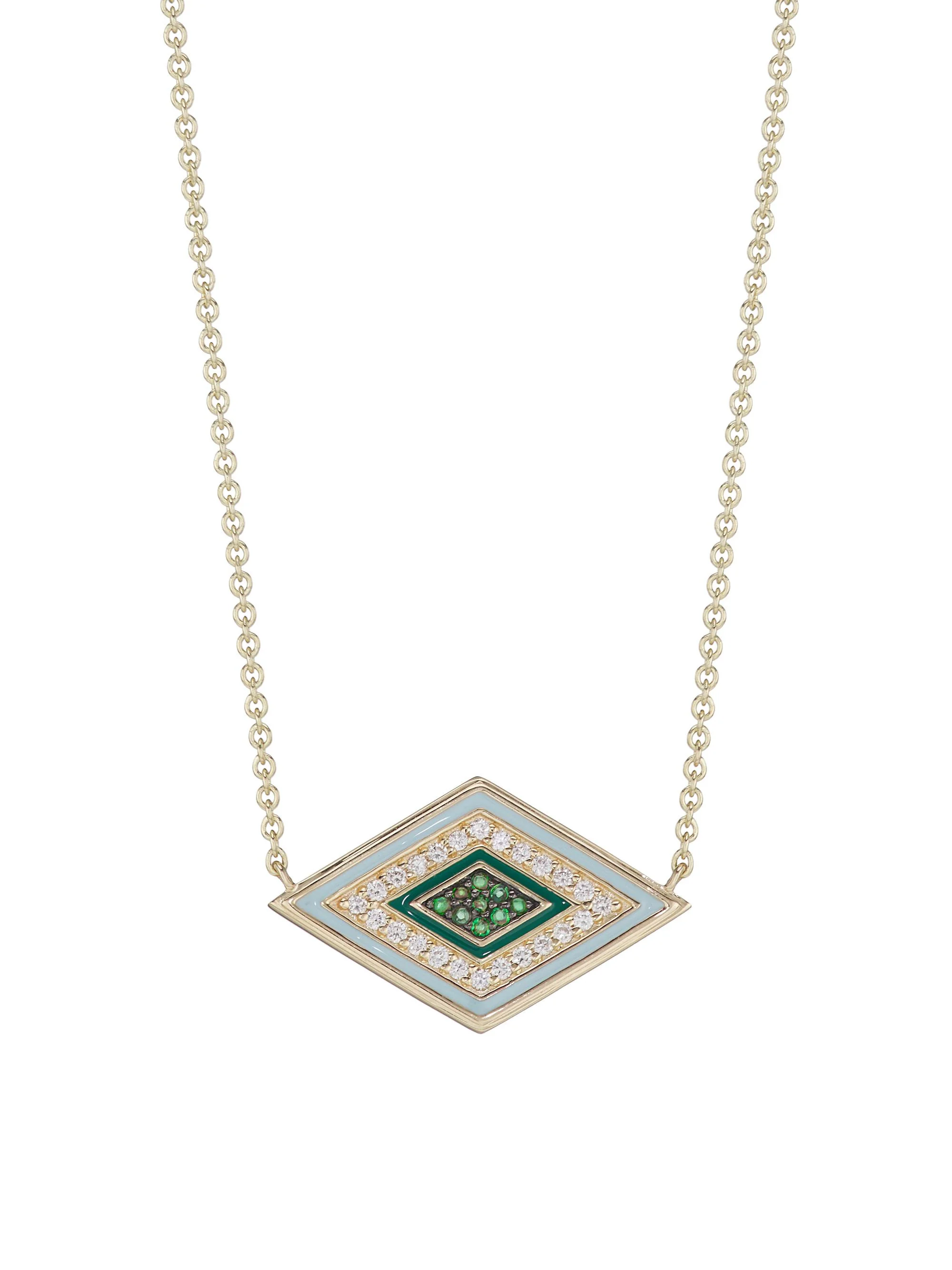 Women's 14K Yellow Gold, Diamond & Emerald Large Groovy Evil Eye Pendant Necklace - Multi - 1
