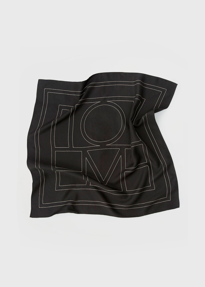 Embroidered monogram silk scarf black 4