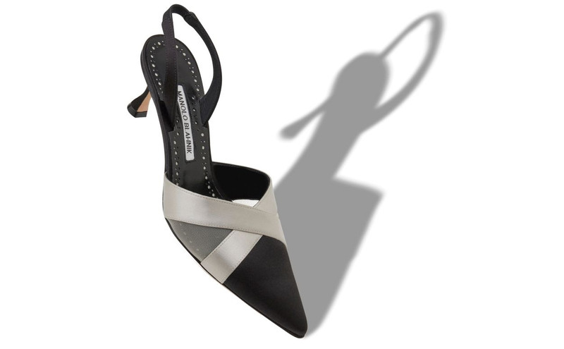 Manolo Blahnik Black and Grey Satin Crossover Slingback Pumps outlook