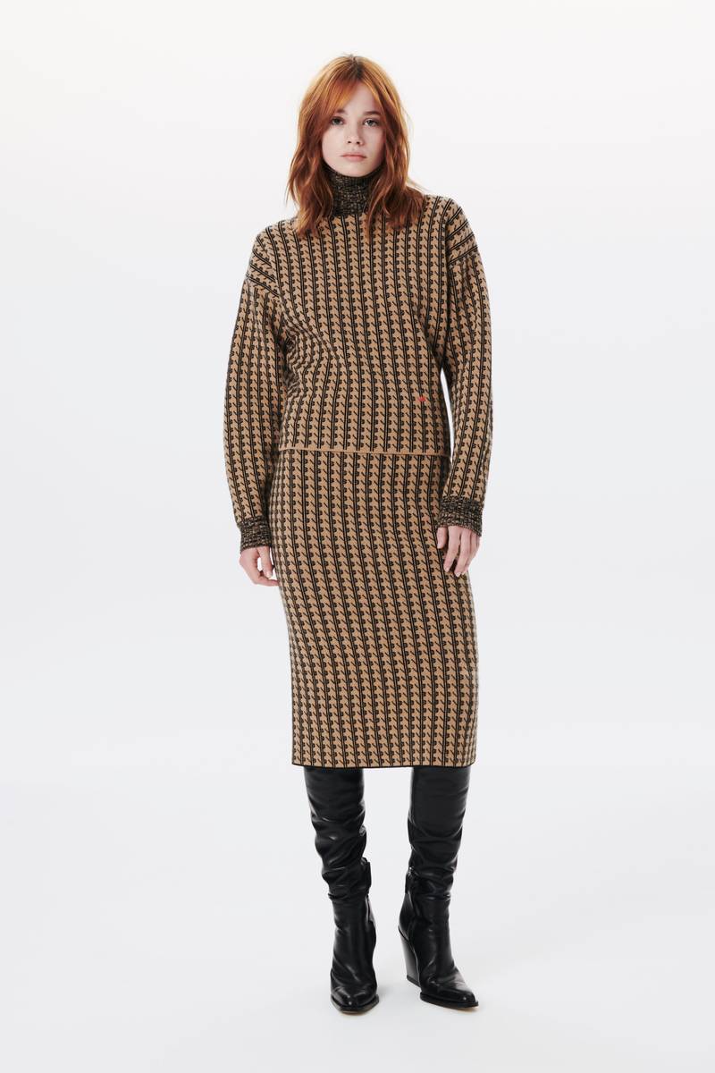 Victoria Beckham Knitted Monogram Pencil Skirt in Beige-Black outlook
