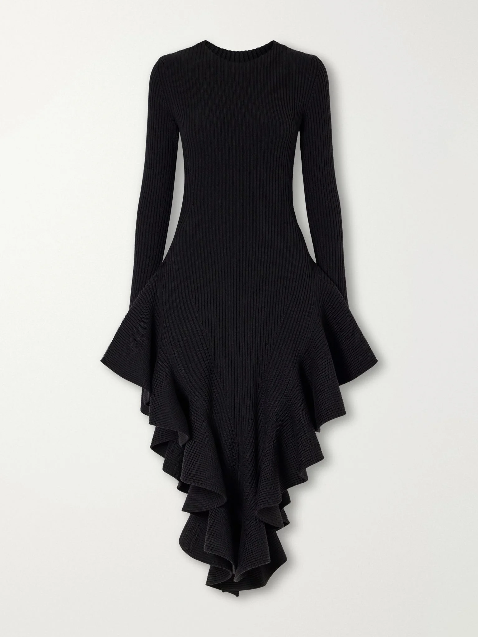 Asymmetric ruffled ribbed wool-blend midi dress Black - 1