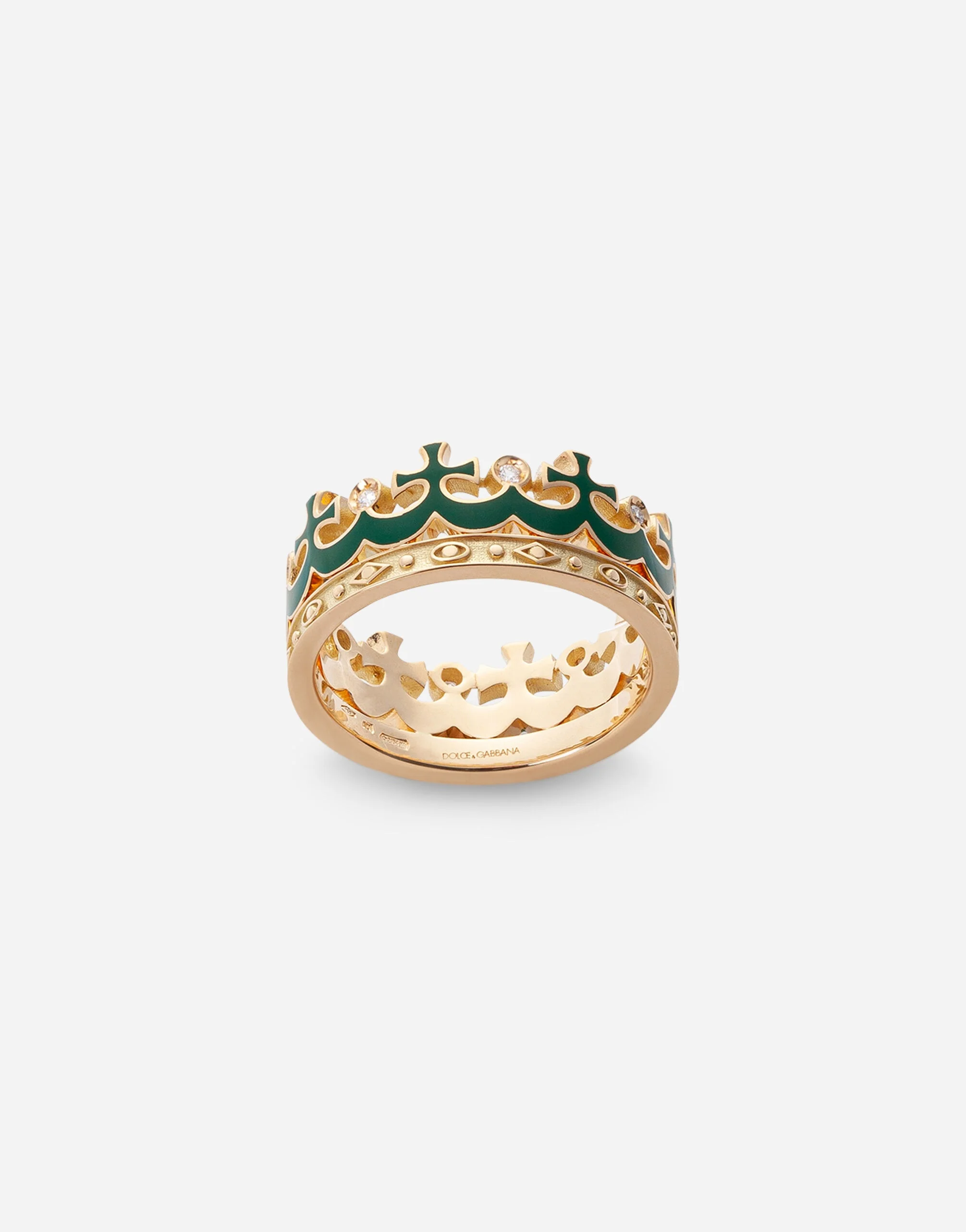 Crown yellow gold ring with green enamel crown and diamonds - 1