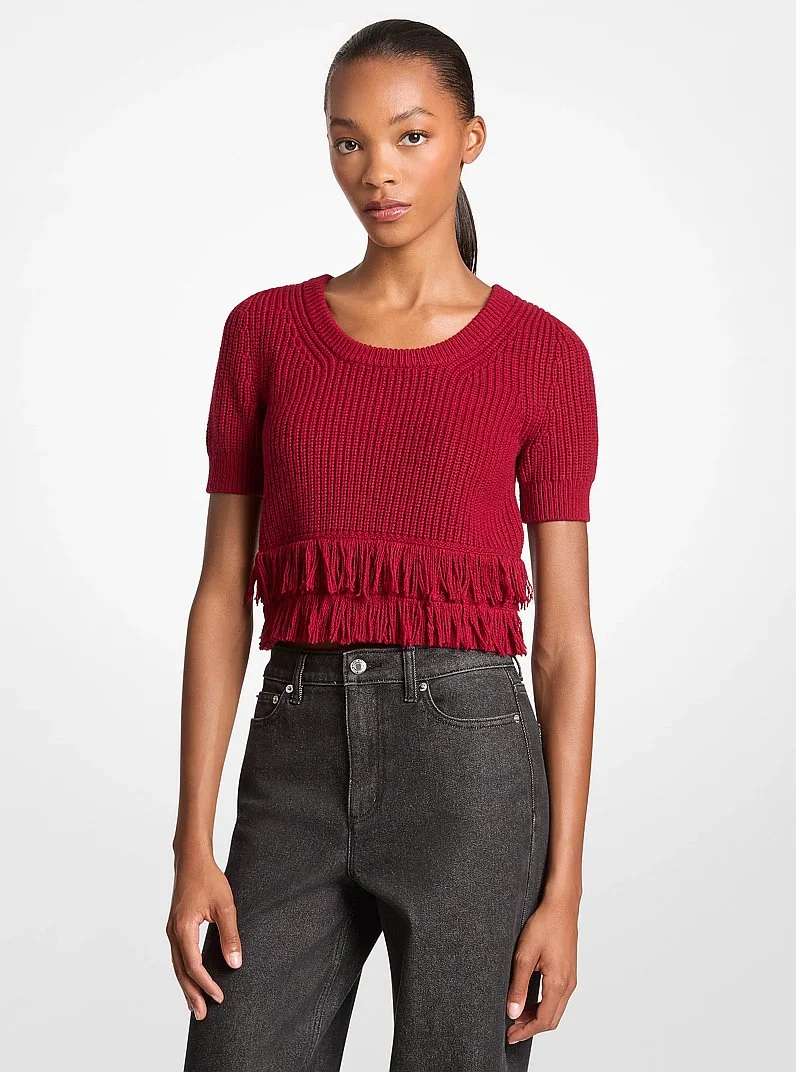 Fringed Knit Short-Sleeve Sweater - 1