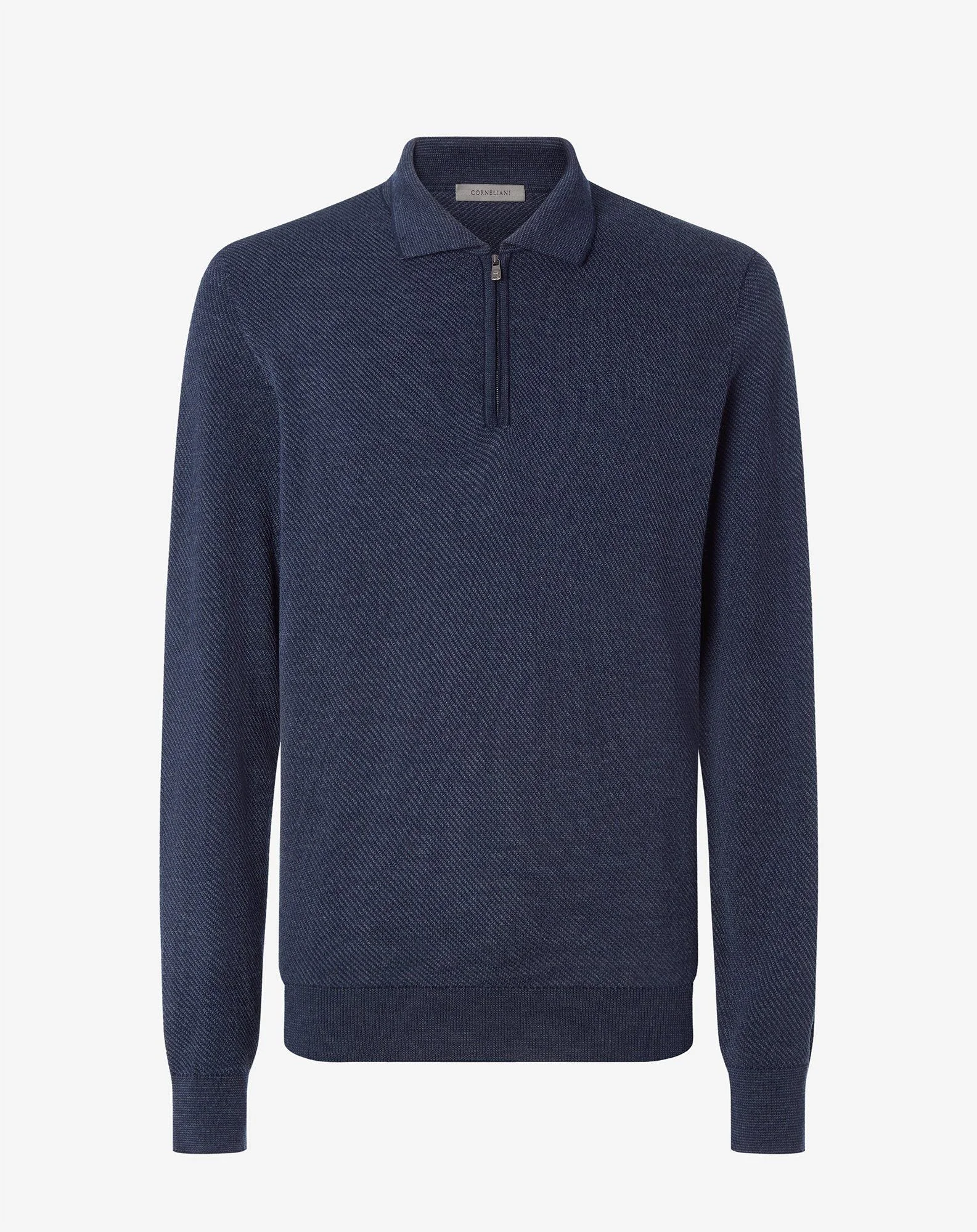 Navy blue long-sleeved zip-up polo shirt made from pure extra fine wool - 1