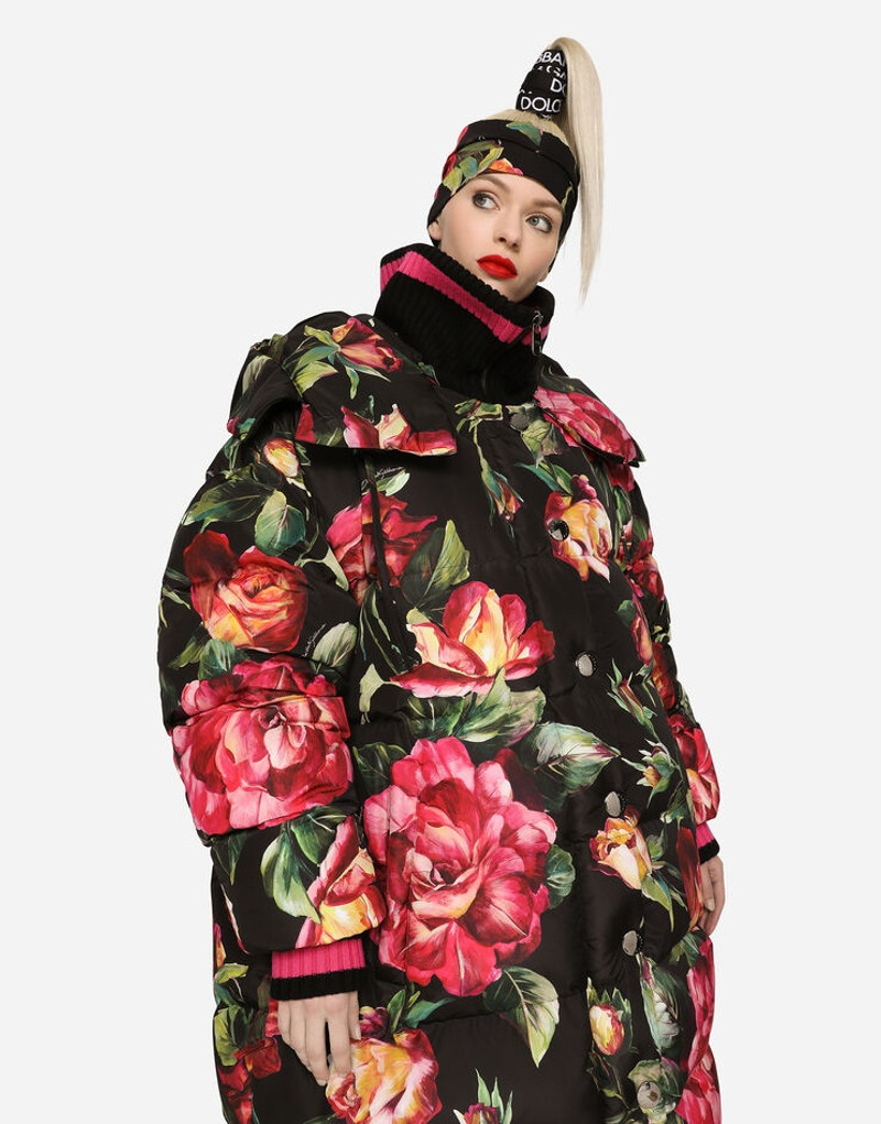 Long nylon down jacket with rose print 4