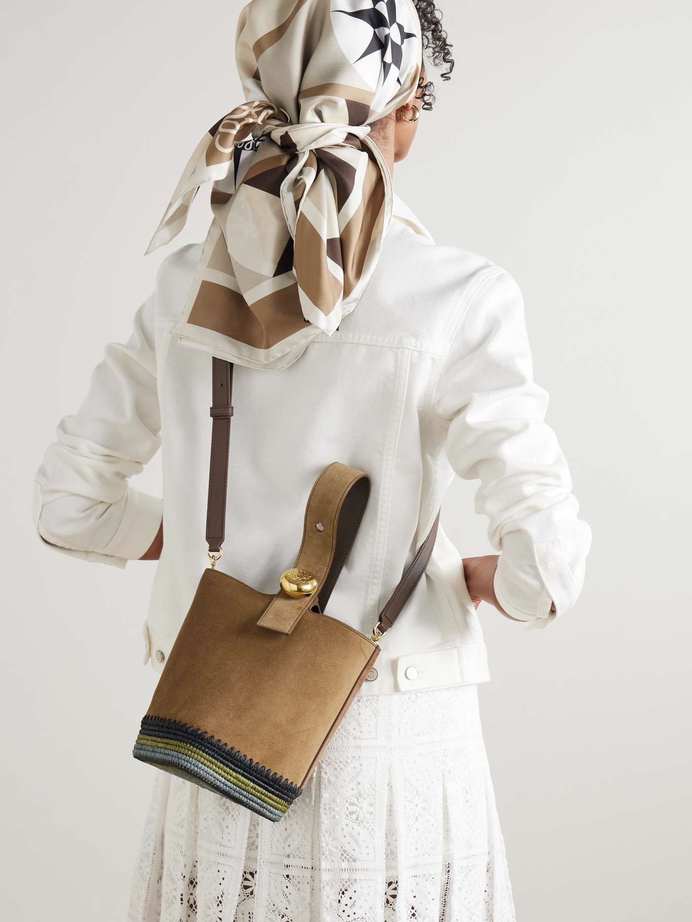 + Paula's Ibiza Pebble mini striped raffia-trimmed suede tote Brown - 2