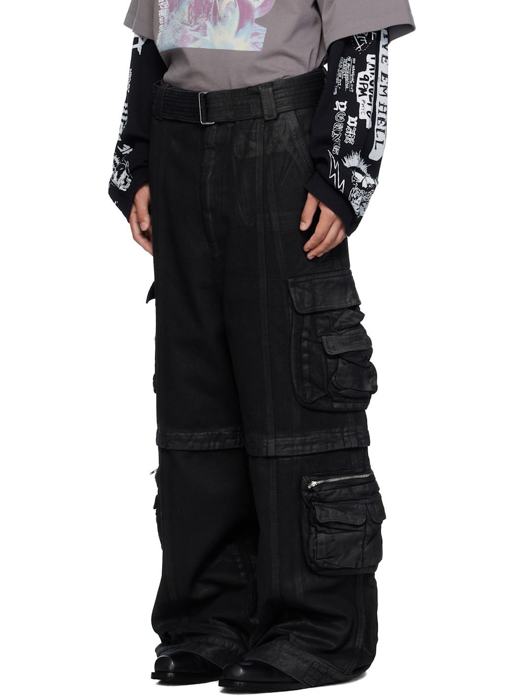 Black Coated Denim Cargo Pants - 4