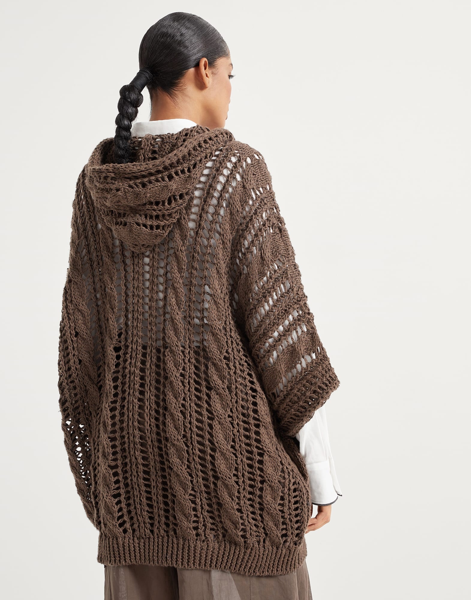 Jute and cotton cable & mesh hooded cardigan with shiny zipper pull - 2