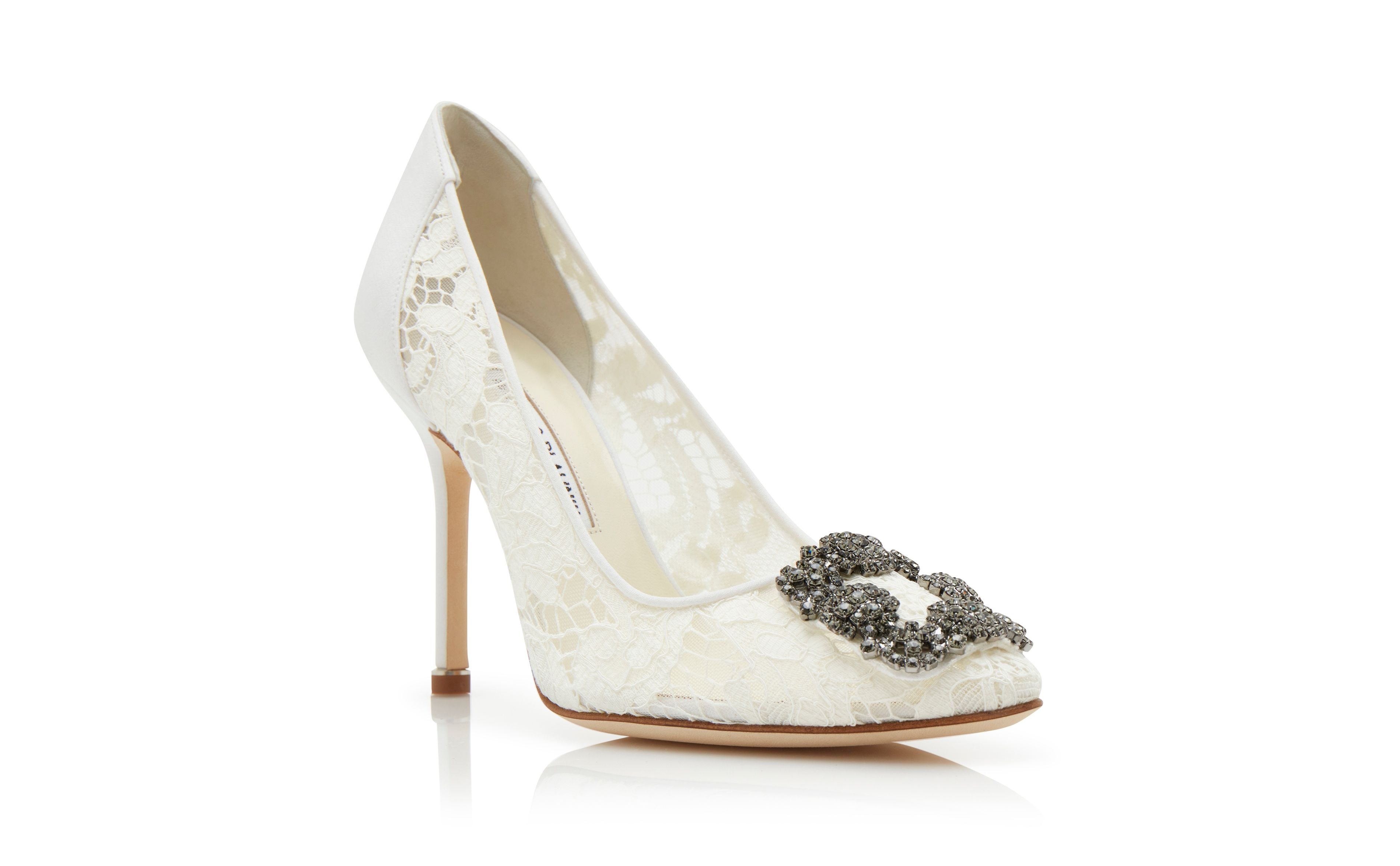 Light Cream Lace Jewel Buckle Pumps - 3