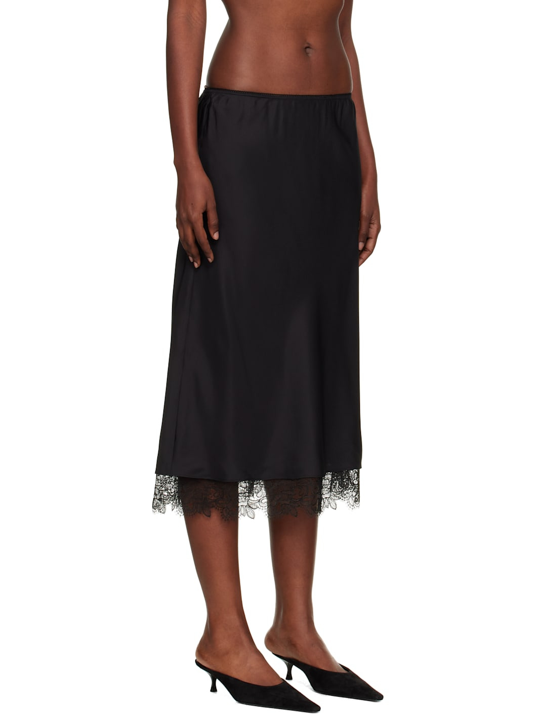 Black Lace-Trimmed Silk Midi Skirt - 2