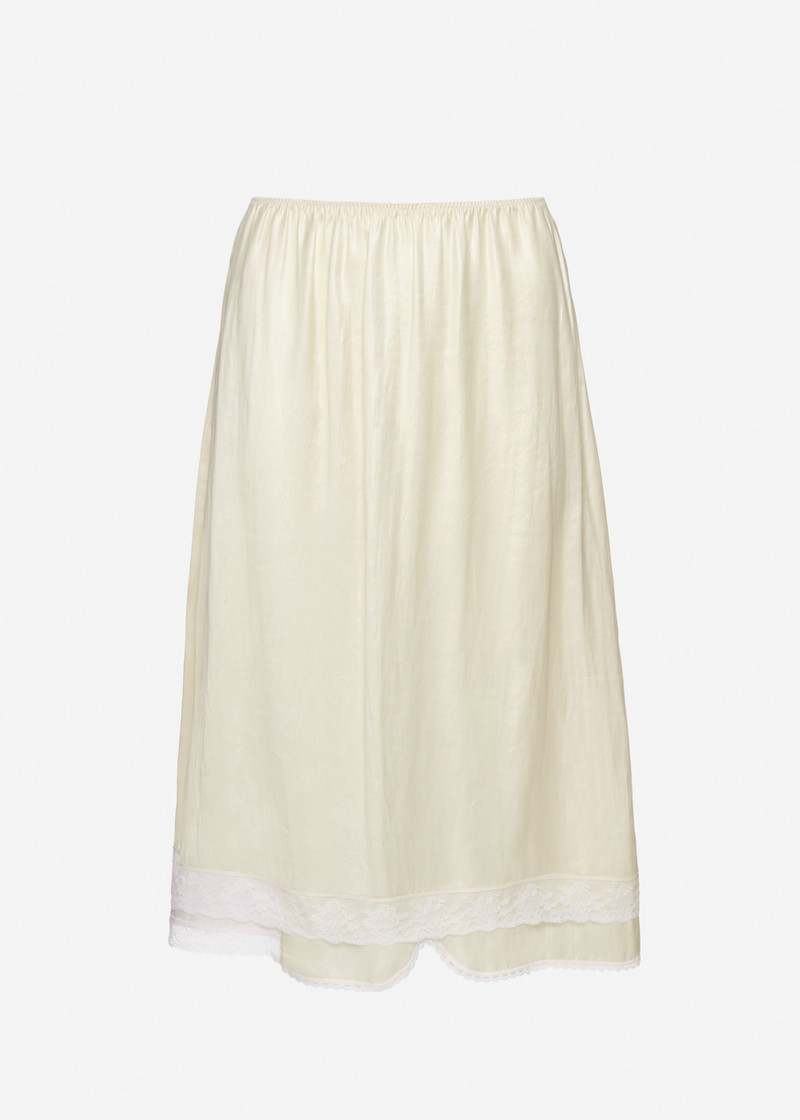Mid-length slip skirt with lace-trimmed hem in cream 1