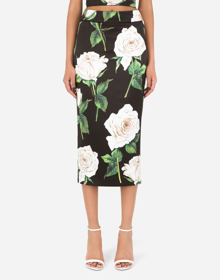 Satin pencil skirt with white rose print - 1