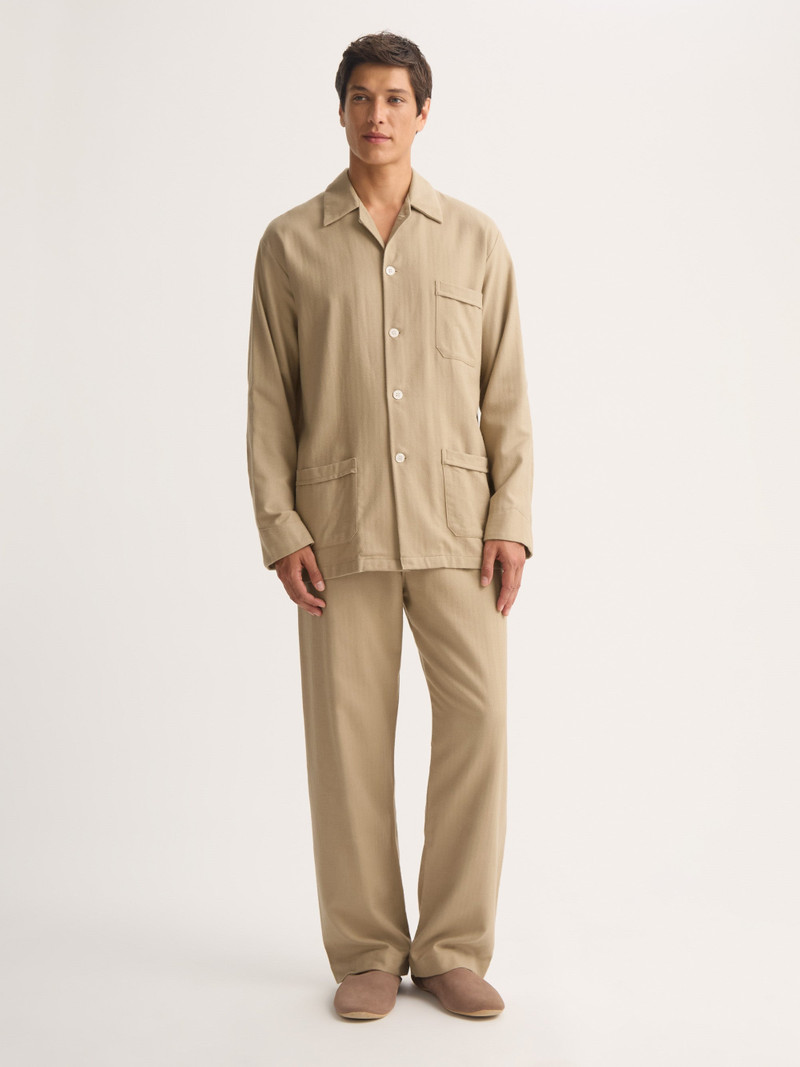 Men's Classic Fit Pajamas Kelburn Brushed Cotton Light Stone Herringbone 1