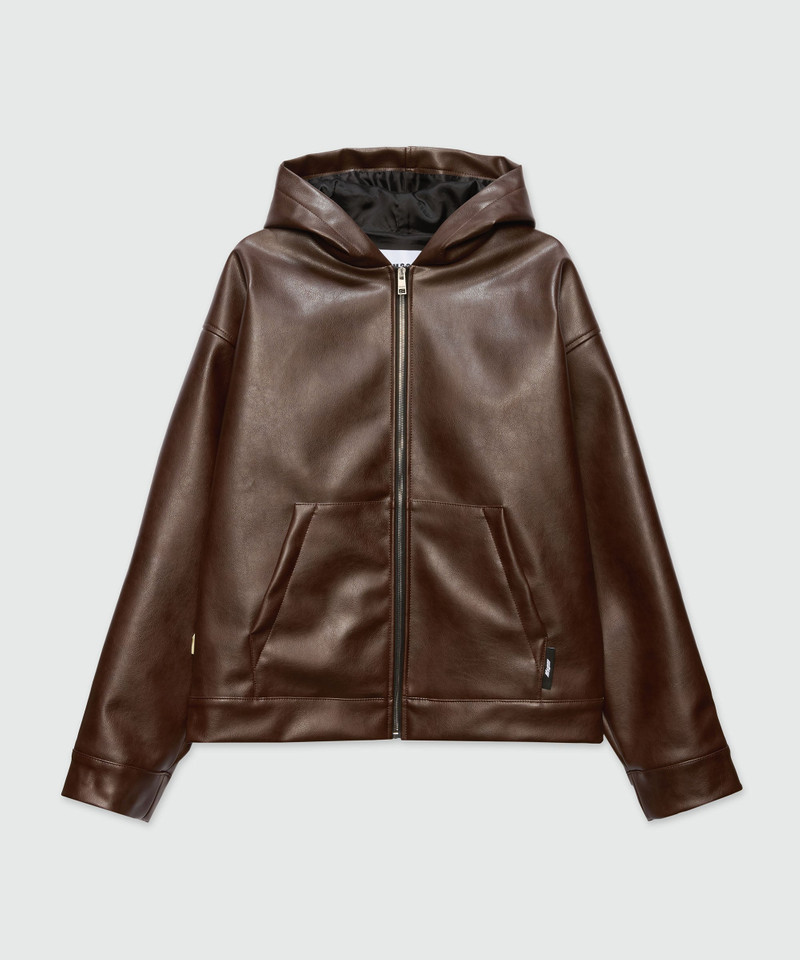 Brown textured faux leather hooded jacket 1