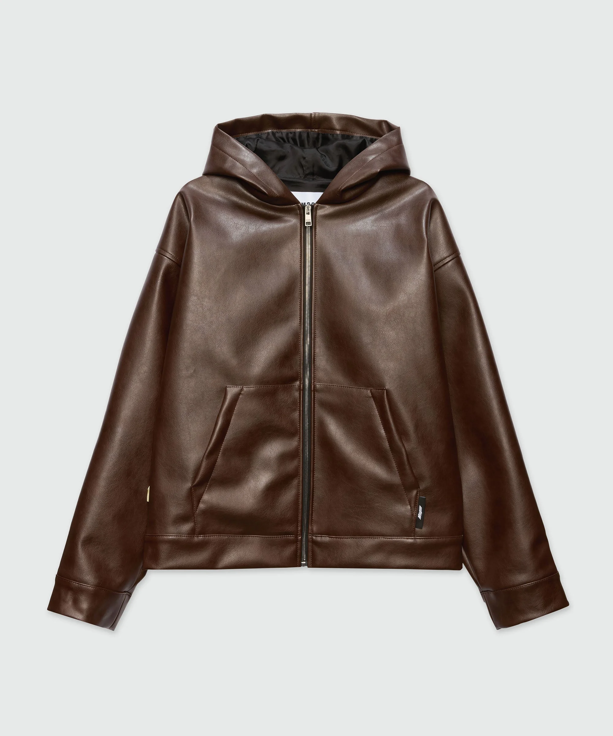 Brown textured faux leather hooded jacket - 1