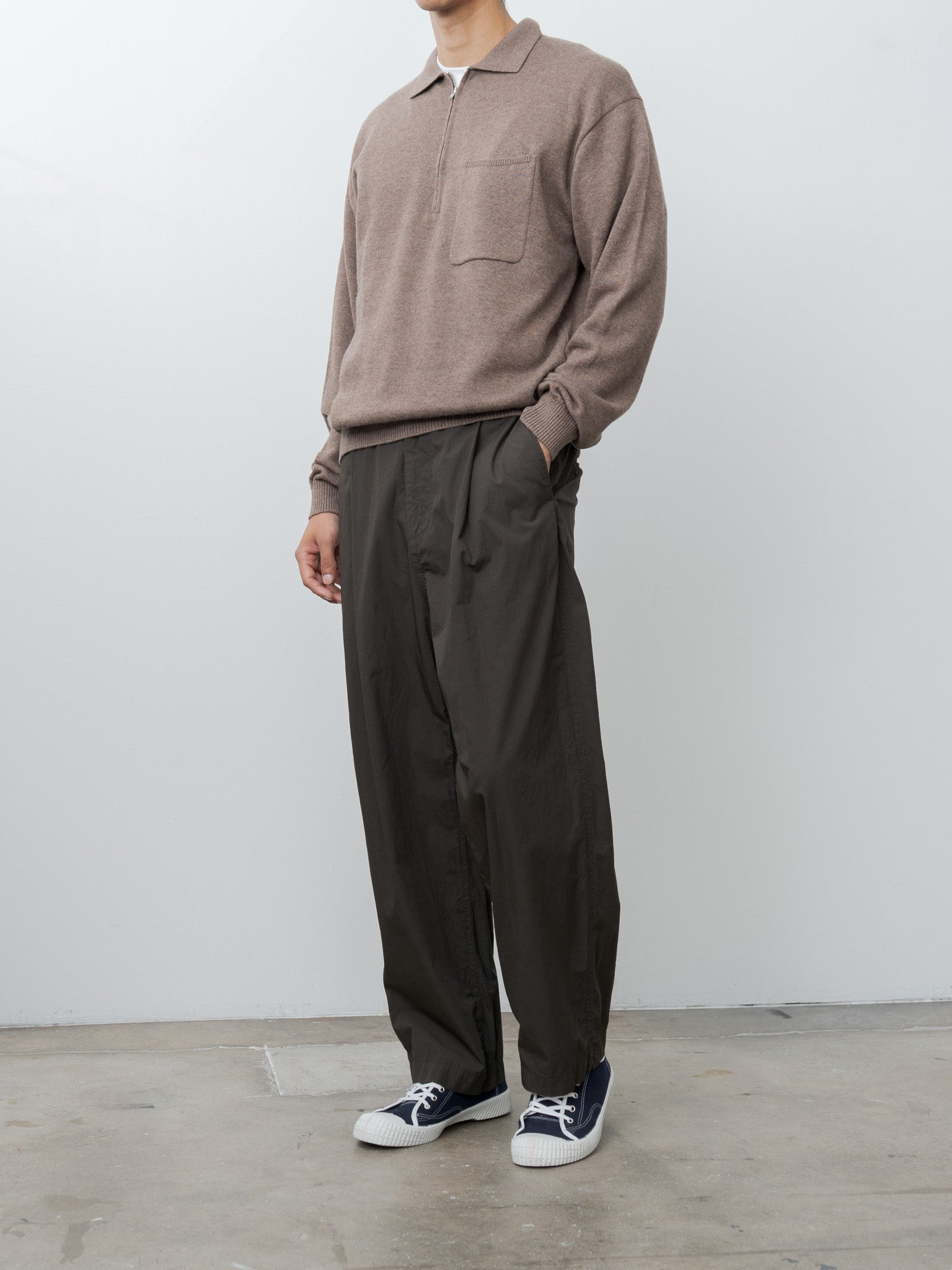 Linen Wool Brushed Zip Up Polo Sweater - Camel - 4