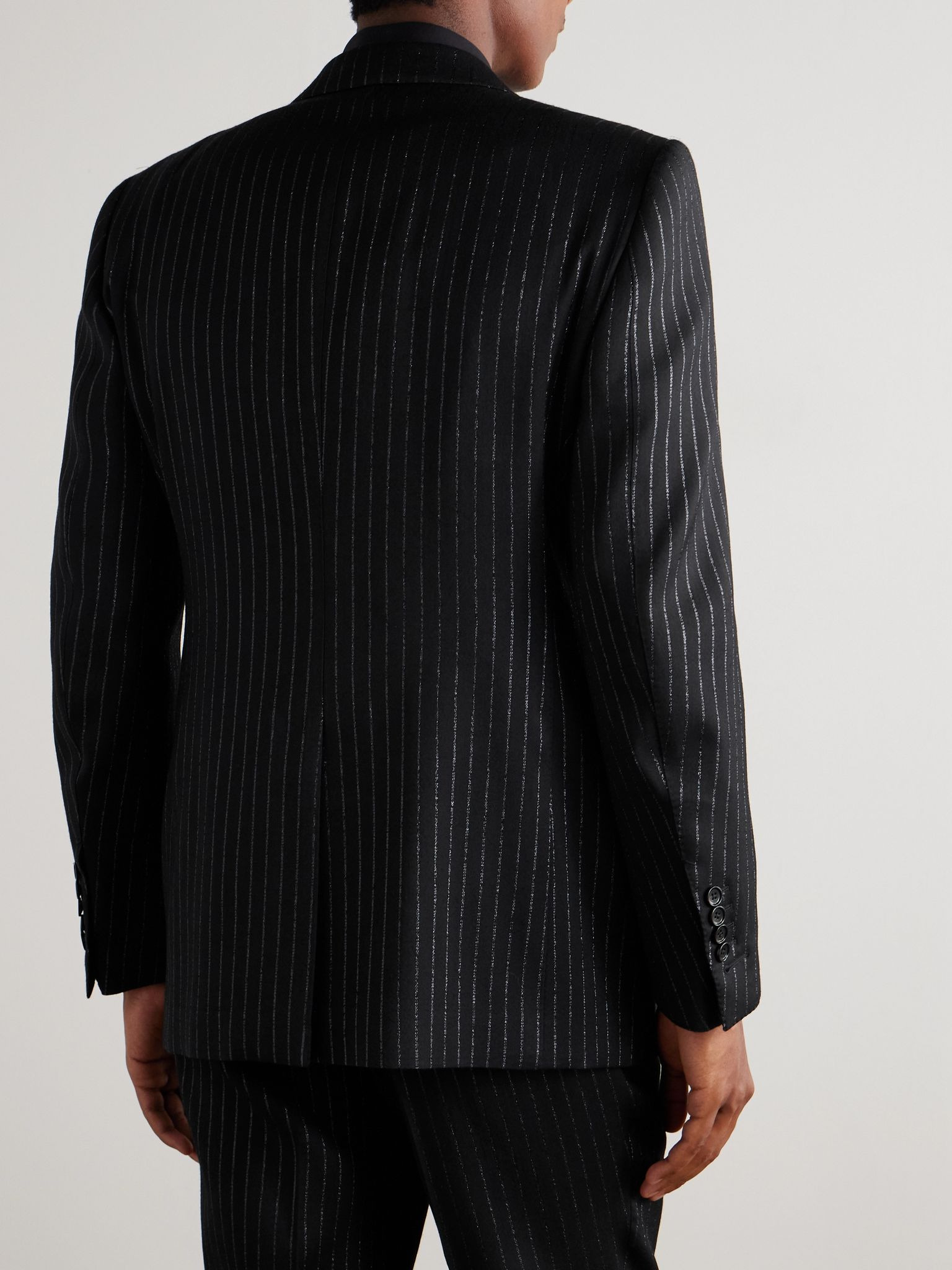Dyllan Double-Breasted Striped Metallic Wool and Silk-Blend Suit Jacket Black - 4