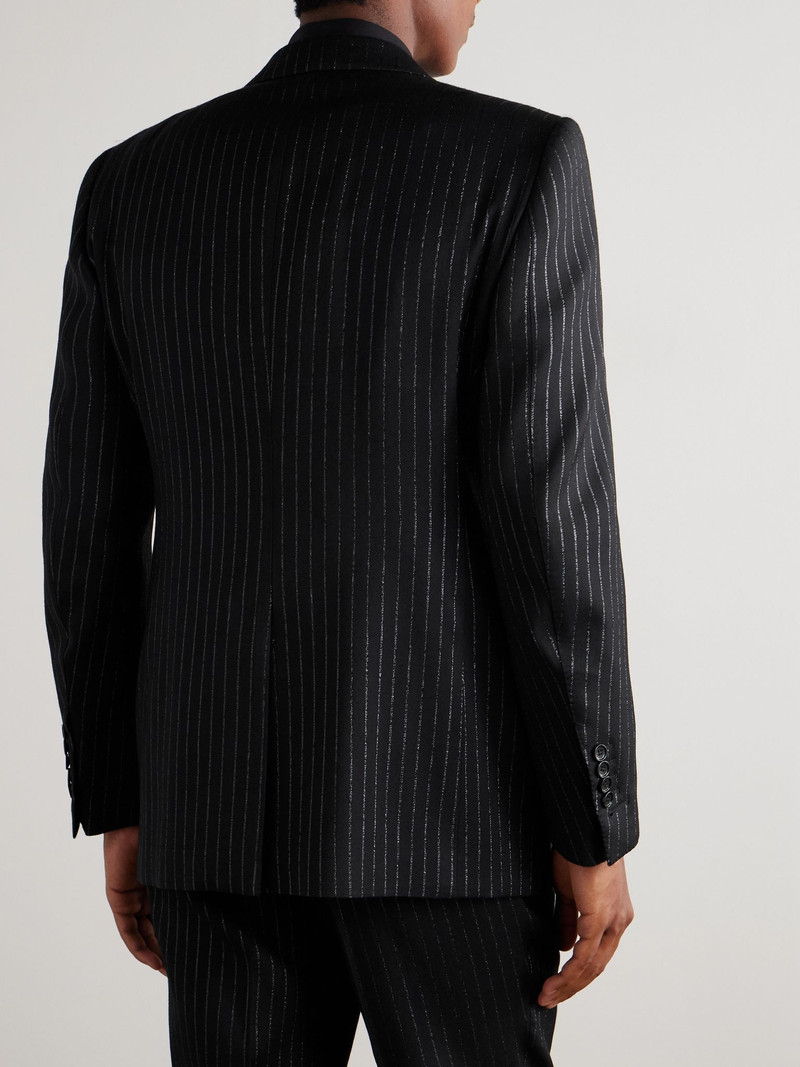 Dyllan Double-Breasted Striped Metallic Wool and Silk-Blend Suit Jacket Black 4