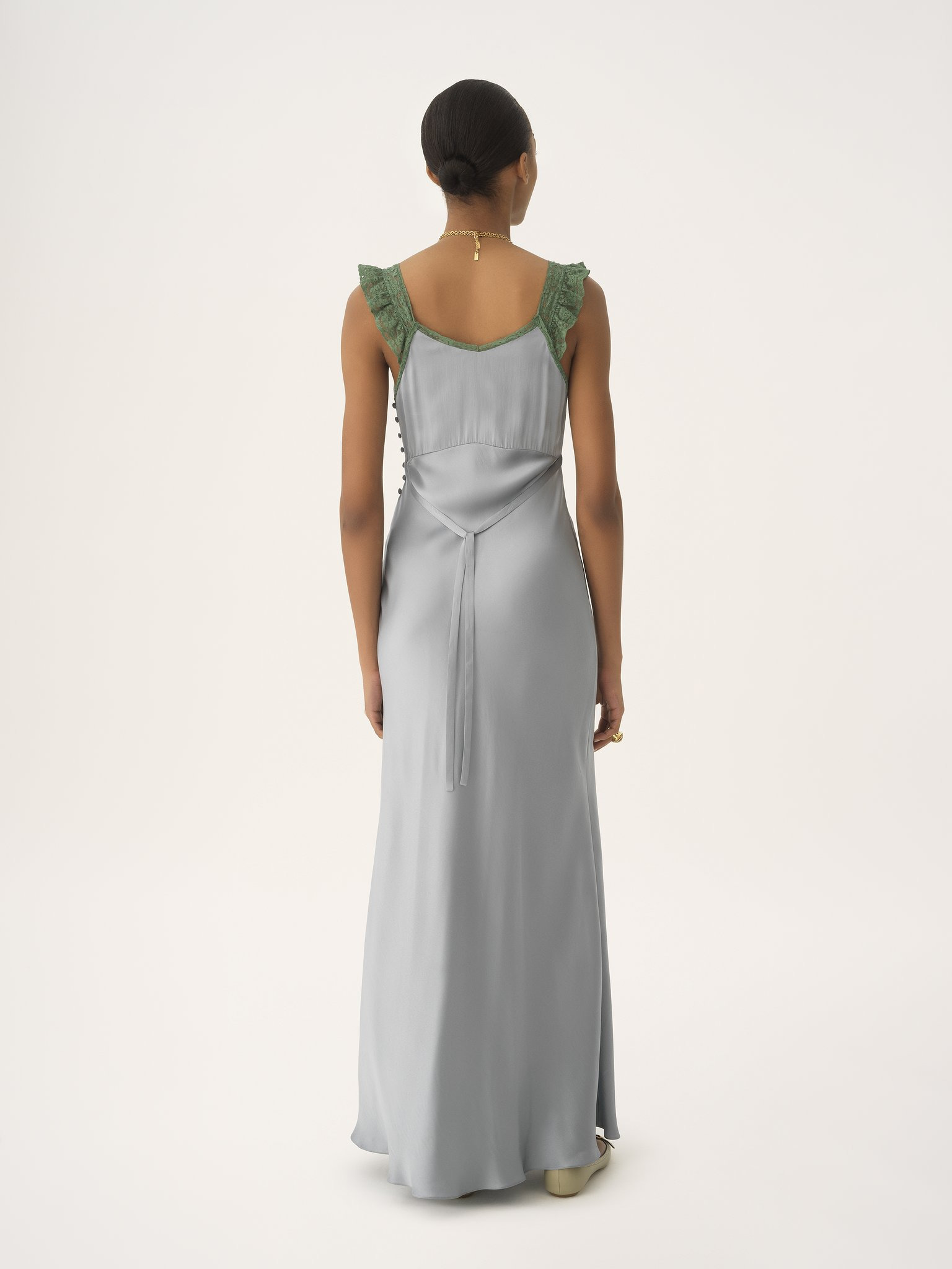 SLEEVELESS COLUMN DRESS IN WASHED SILK SATIN & LACE - 5