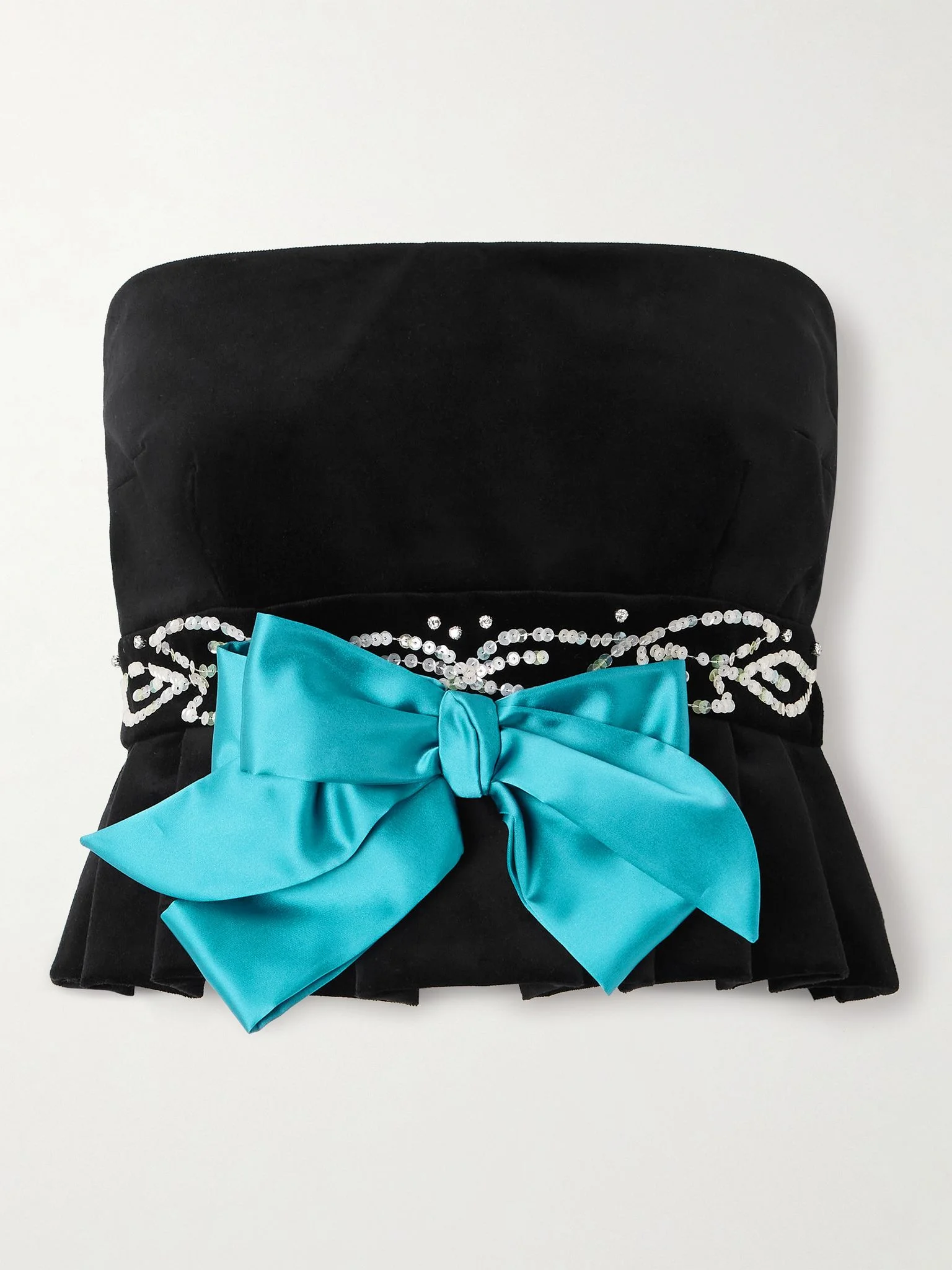 Embellished satin-trimmed cropped cotton-blend velvet peplum top Black - 1