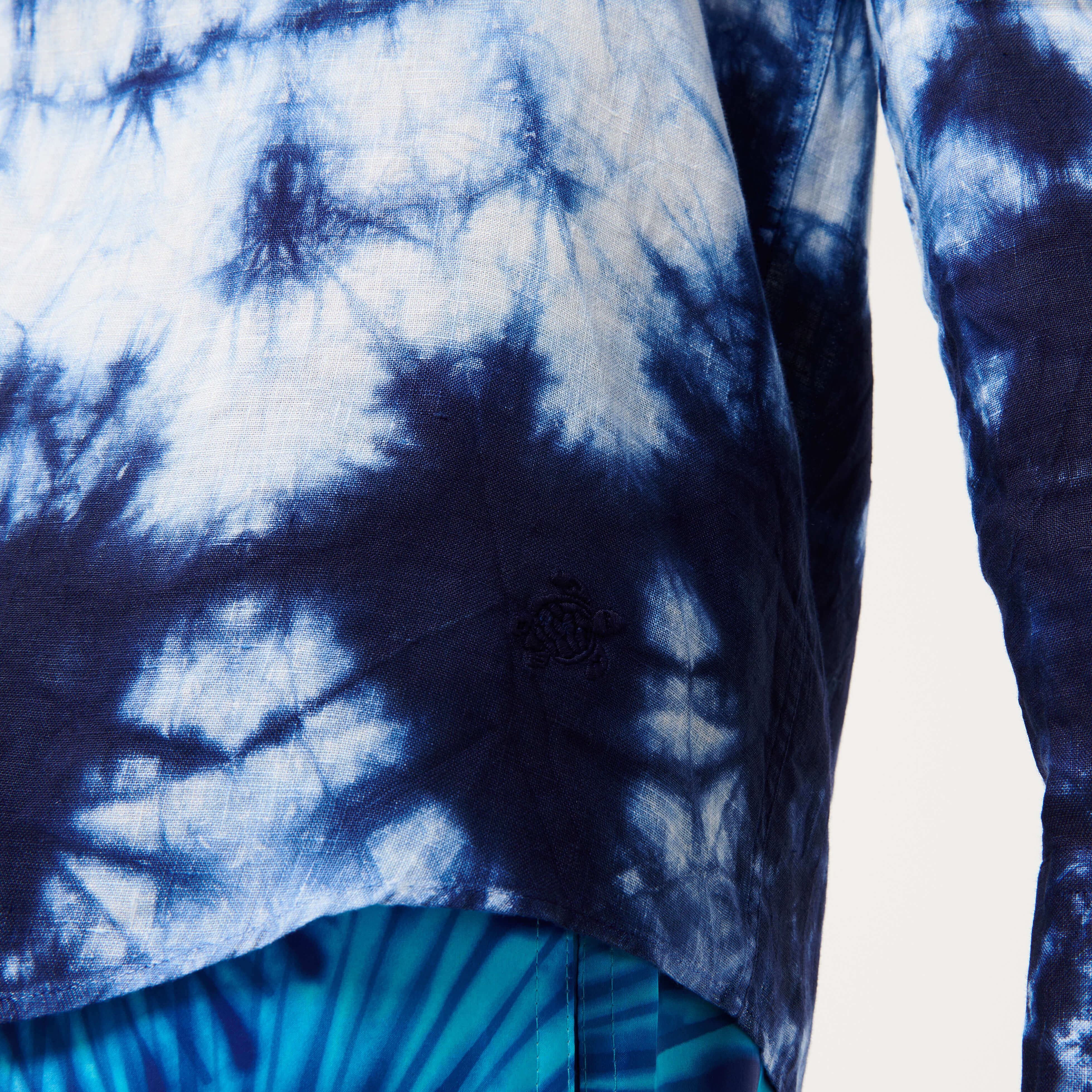 Men Bowling Shirt Linen and Cotton Fonds Marins Tie & Dye - 8