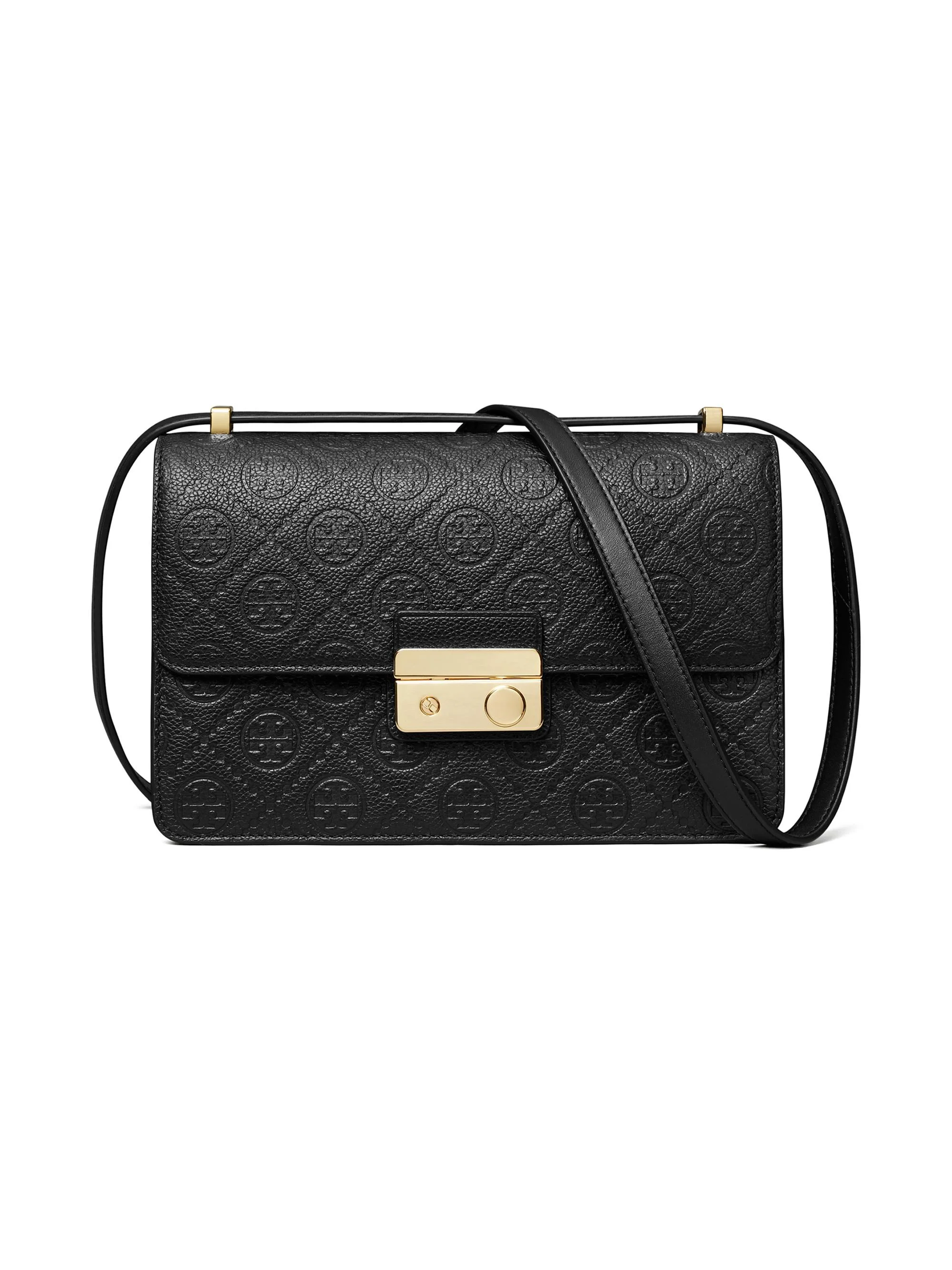 Women's T Monogram Pebbled Leather Shoulder Bag - Black - 1