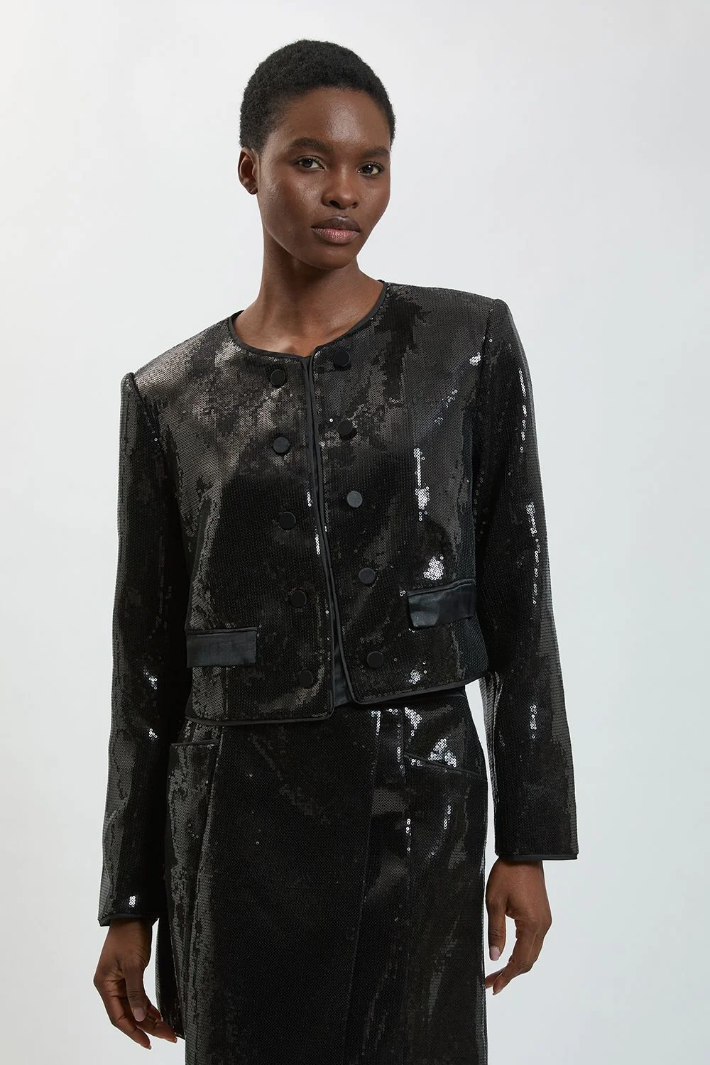 Sequin and Satin Collarless Tailored Jacket - 1