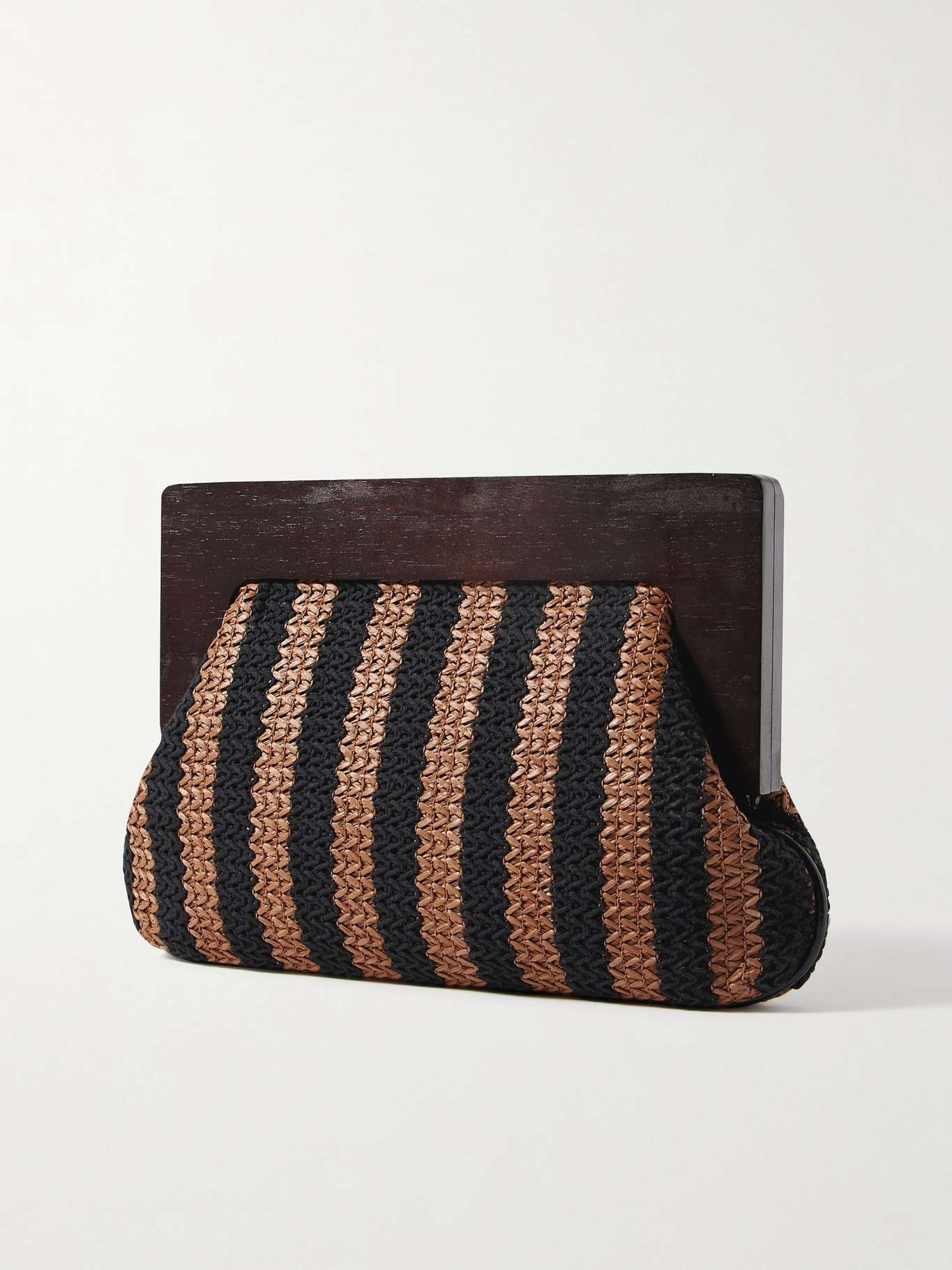 Alba wood and leather-trimmed striped raffia clutch - 3