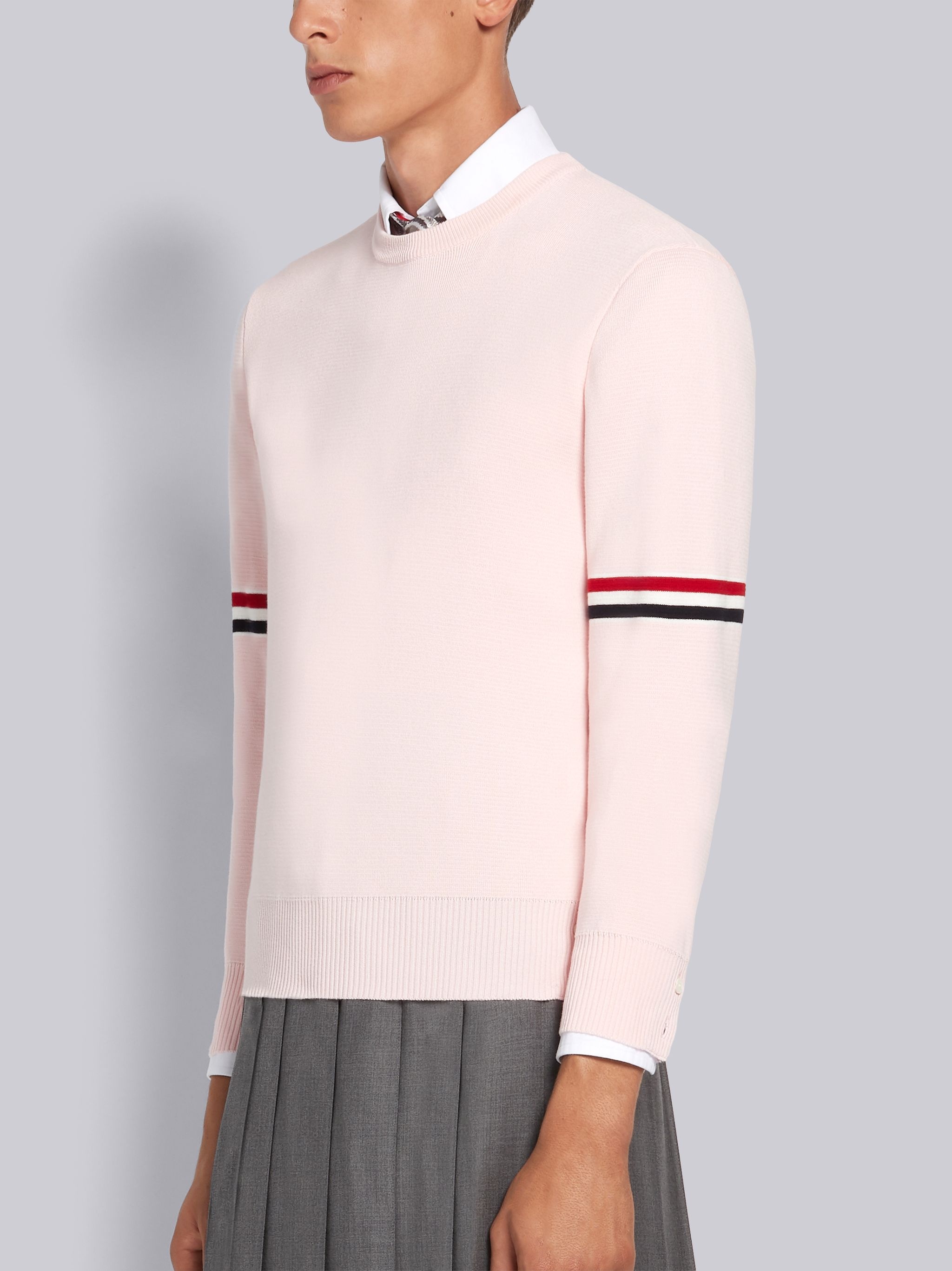 Pink Cotton Milano Stitch Stripe Armband Crewneck Pullover - 2