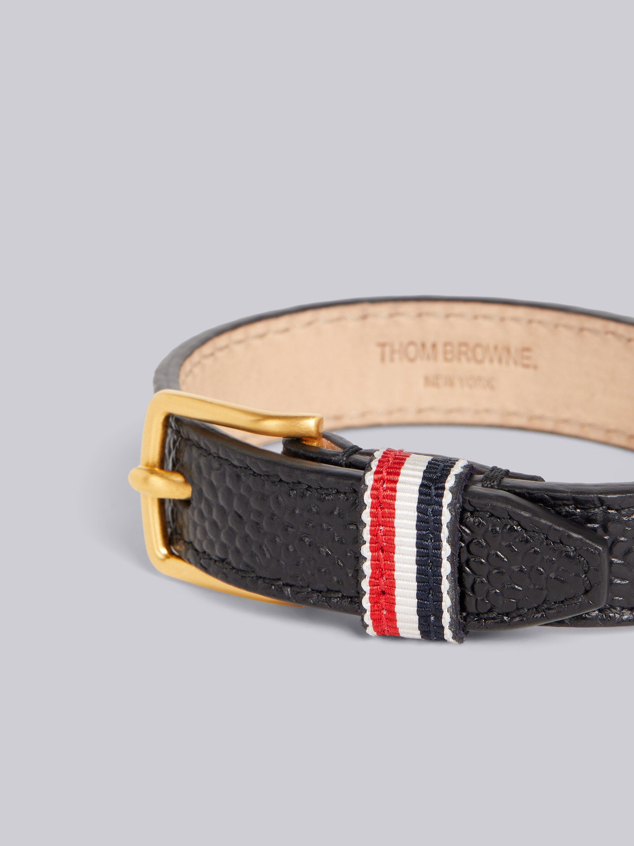 Black Pebble Grain Leather Stripe Keeper Bracelet - 2