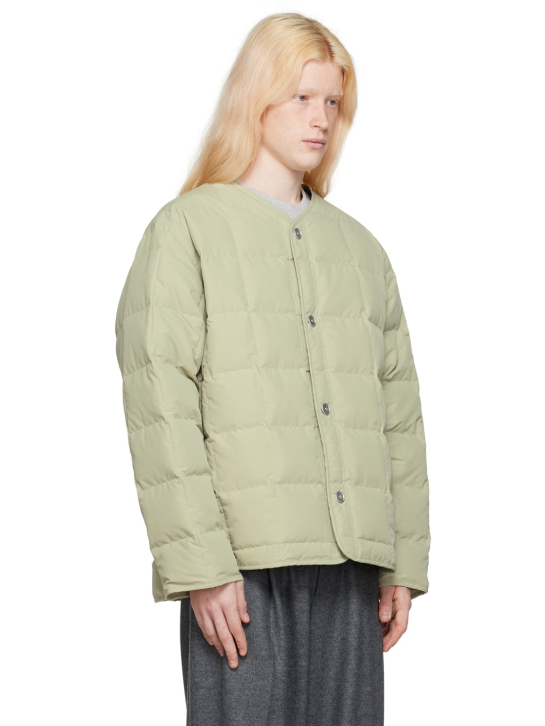 Green Collarless Down Jacket - 2