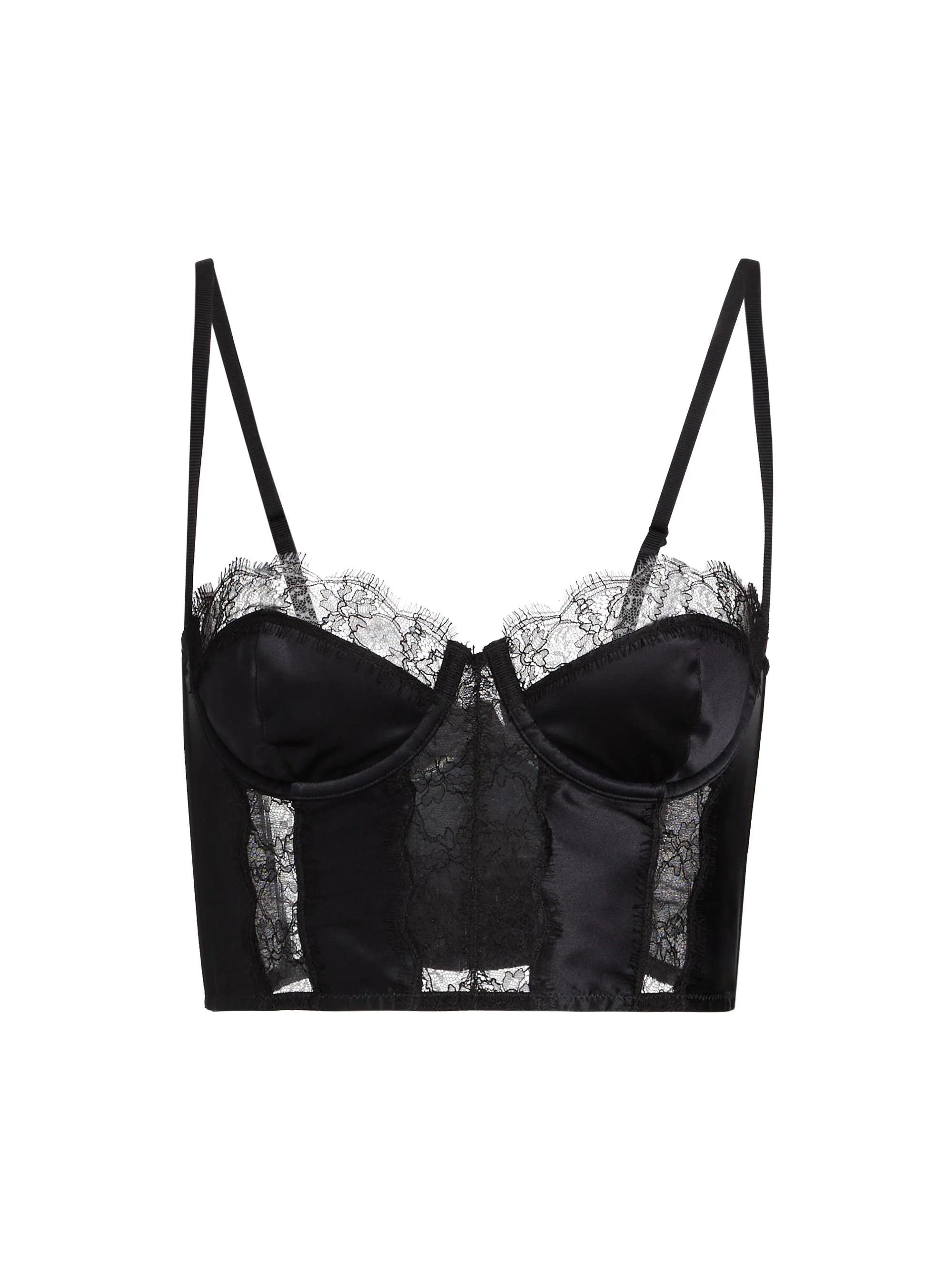 Women's Satin & Lace Longline Bra - Black - 1