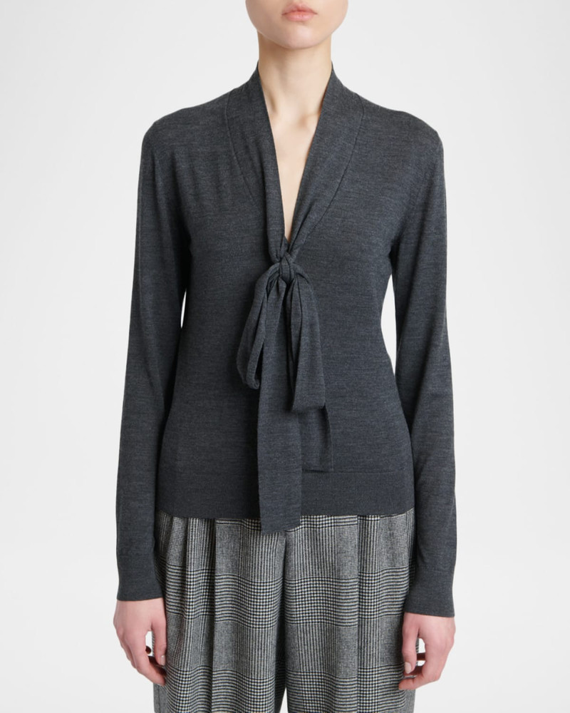 Bow V-Neck Wool Jersey Long-Sleeve Top 4