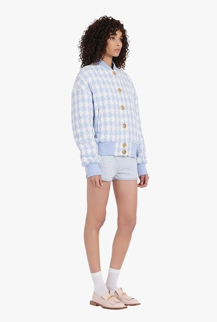 White and pale blue houndstooth-patterned tweed bomber jacket - 7